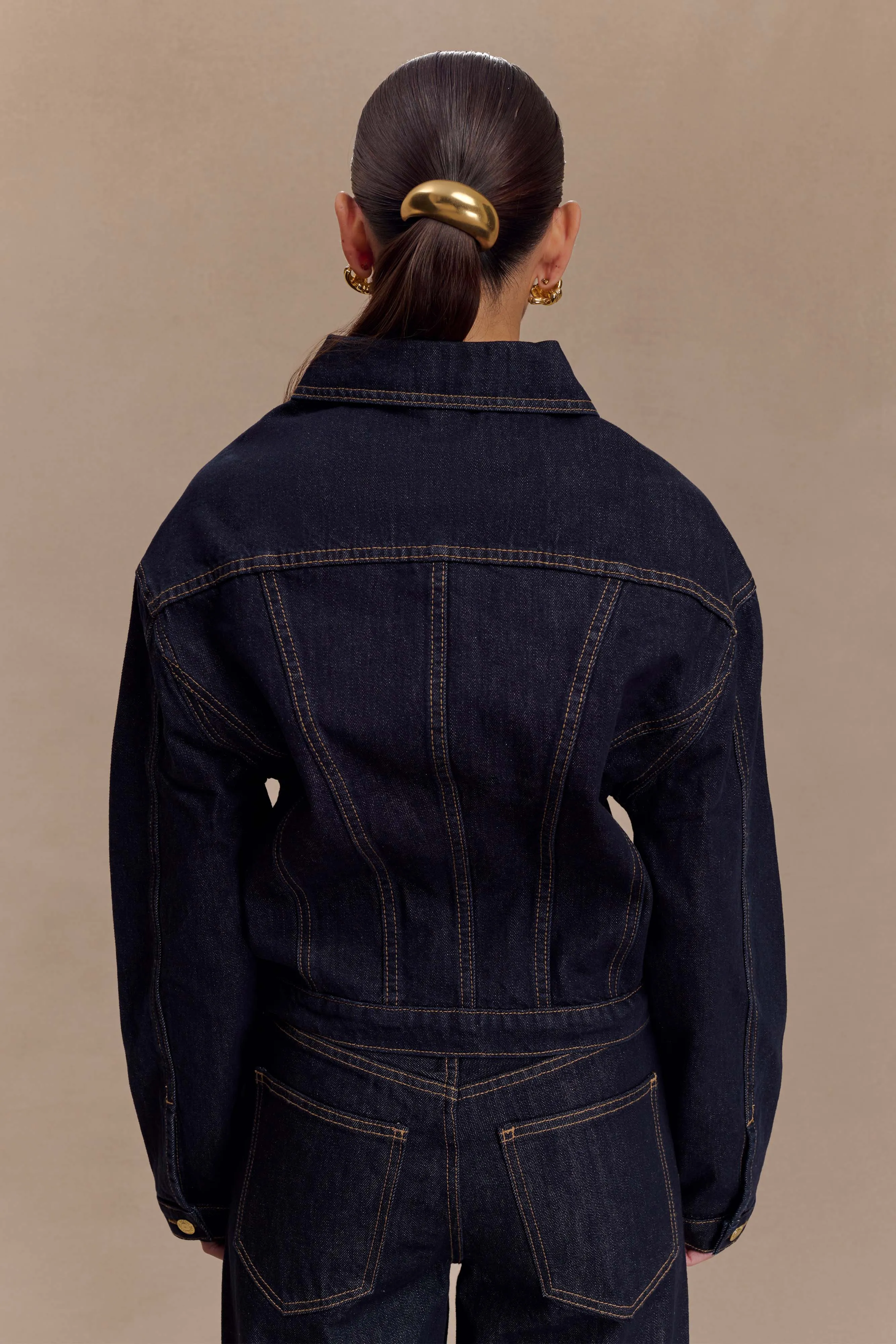 No Collar Extra Layer Piece Kirra Cinched Denim Jacket - Washed Indigo Blue