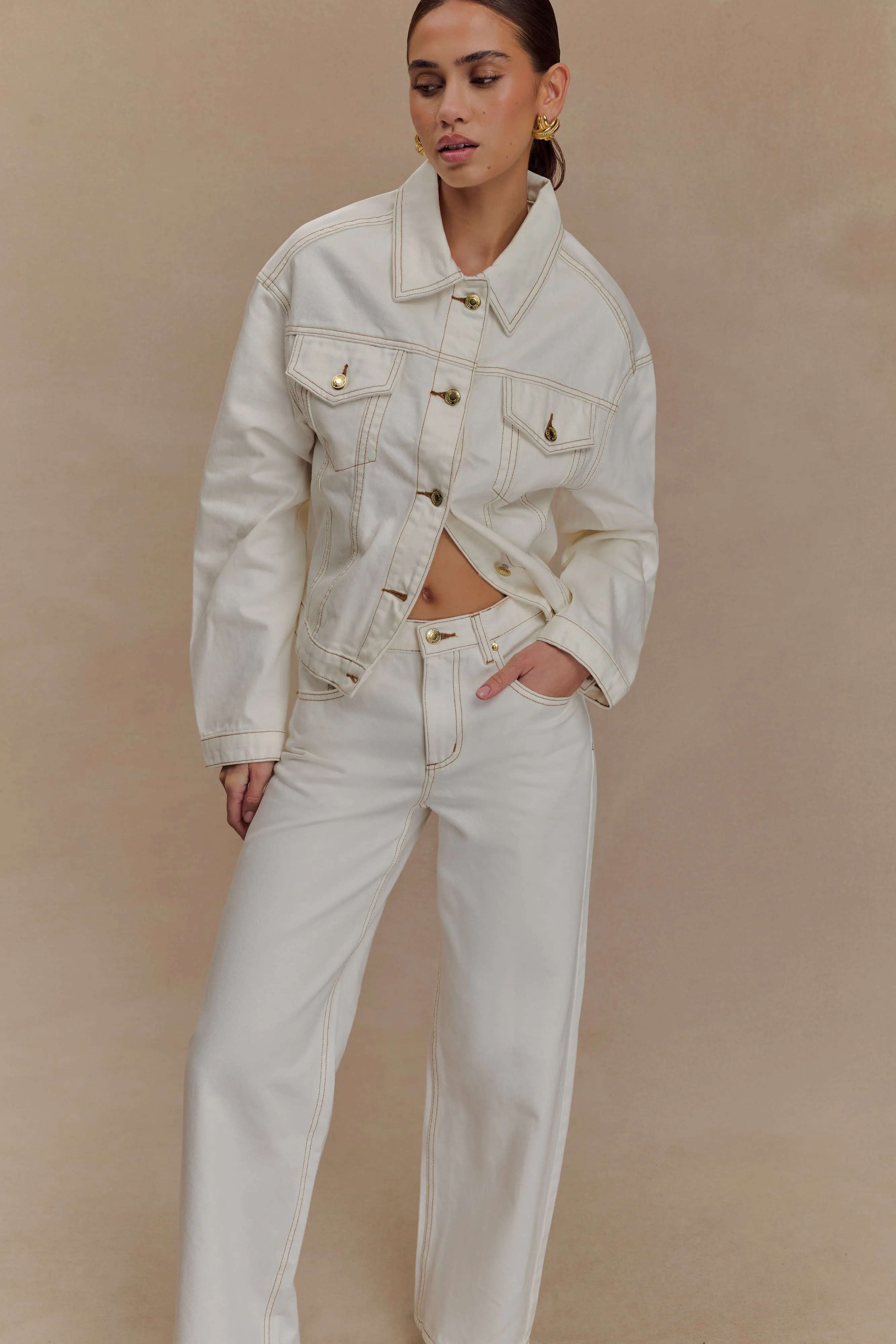 Kirra Cinched Denim Jacket - White Bonded Closure Mechanism