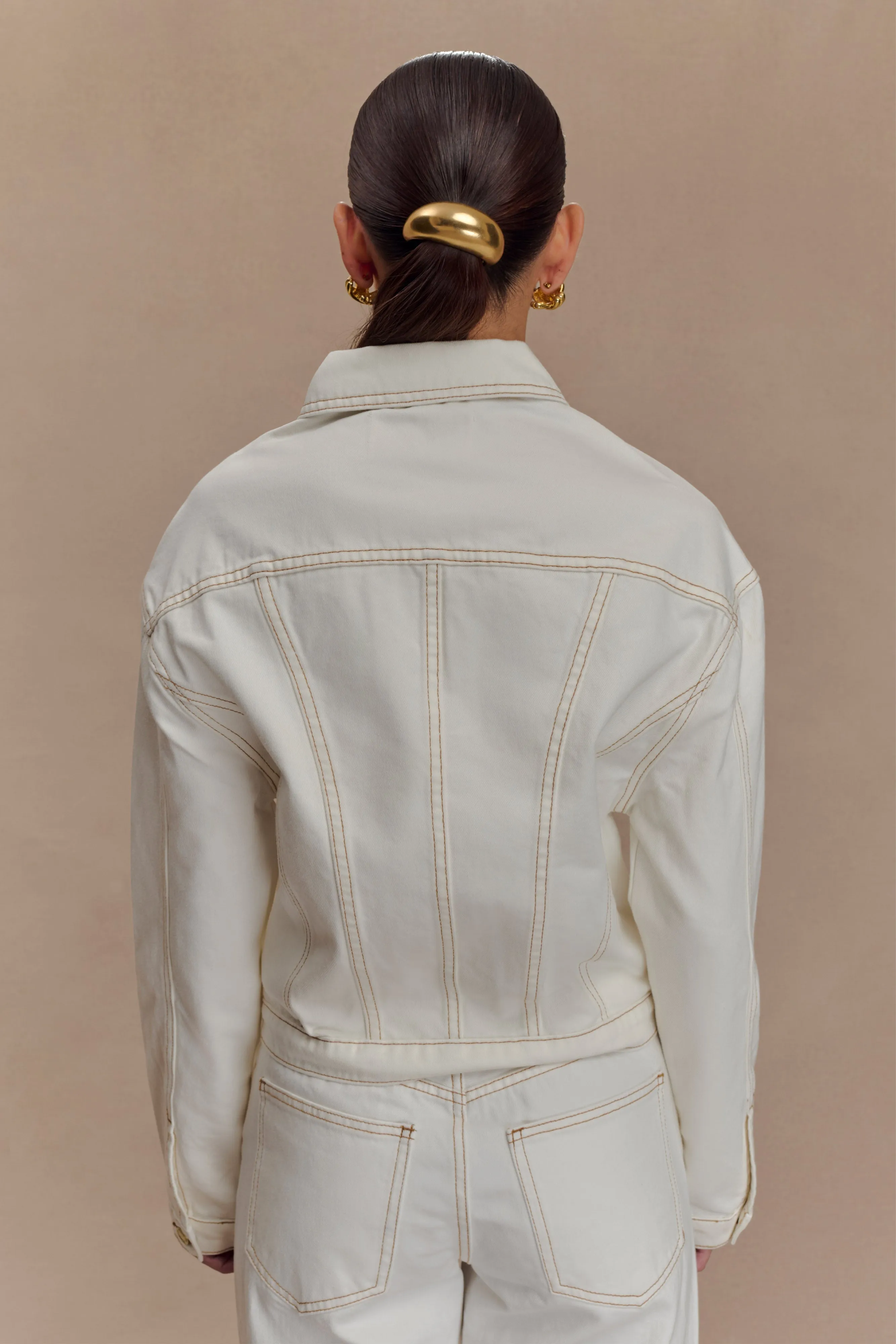 Kirra Cinched Denim Jacket - White RubberizedTrim High Collar Design