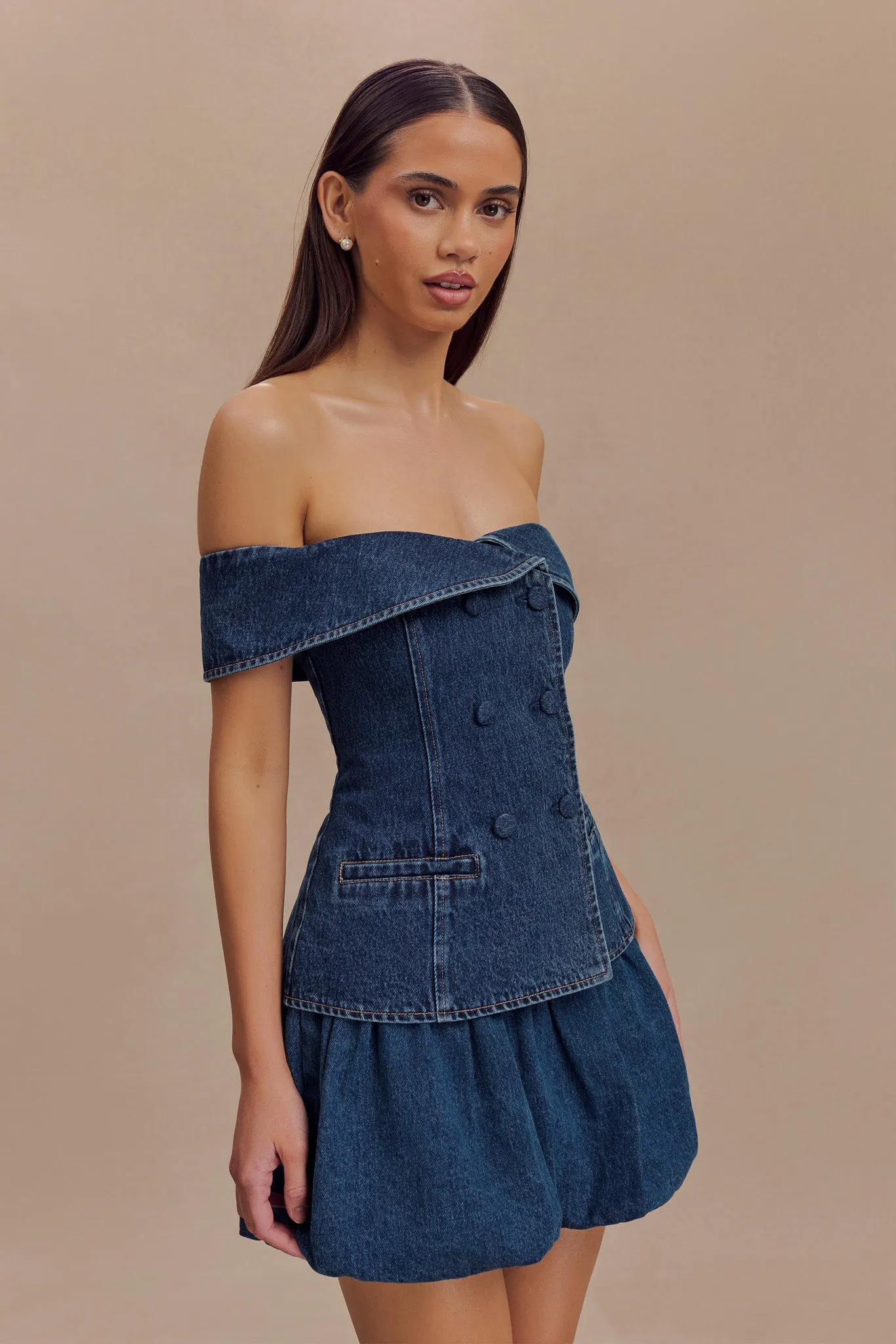 Neutral Tone Stitching Non Chafing Side Seams Krista Denim Off Shoulder Top - Dark Blue