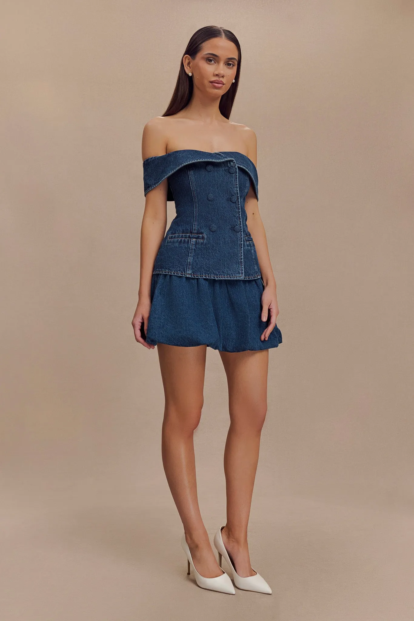Krista Denim Off Shoulder Top - Dark Blue Relaxed Look Versatile Layering Cut