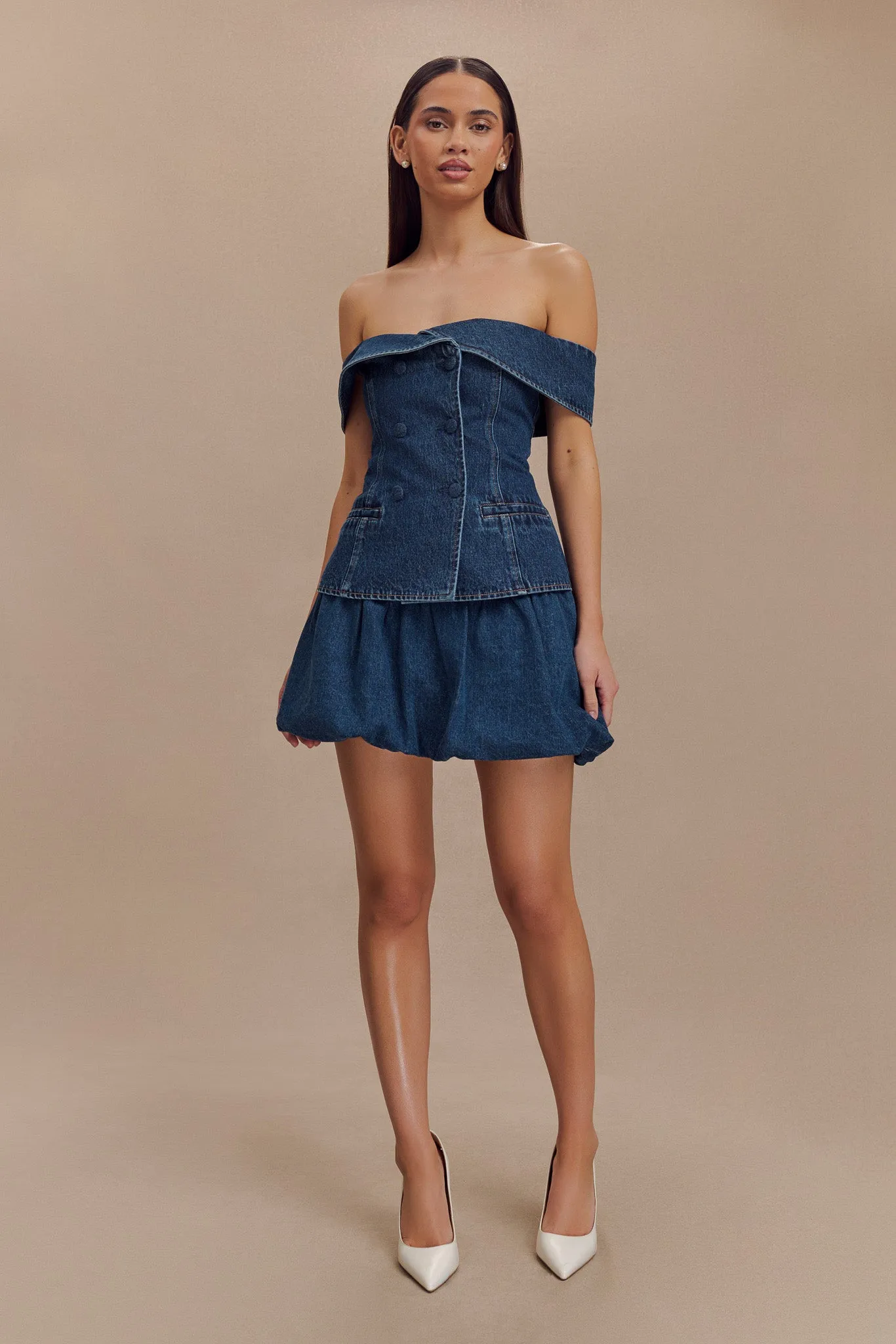 Krista Denim Off Shoulder Top - Dark Blue Tencel Blend Fabric