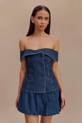 Contrast Stitch Accent WeightedHem Krista Denim Off Shoulder Top - Dark Blue