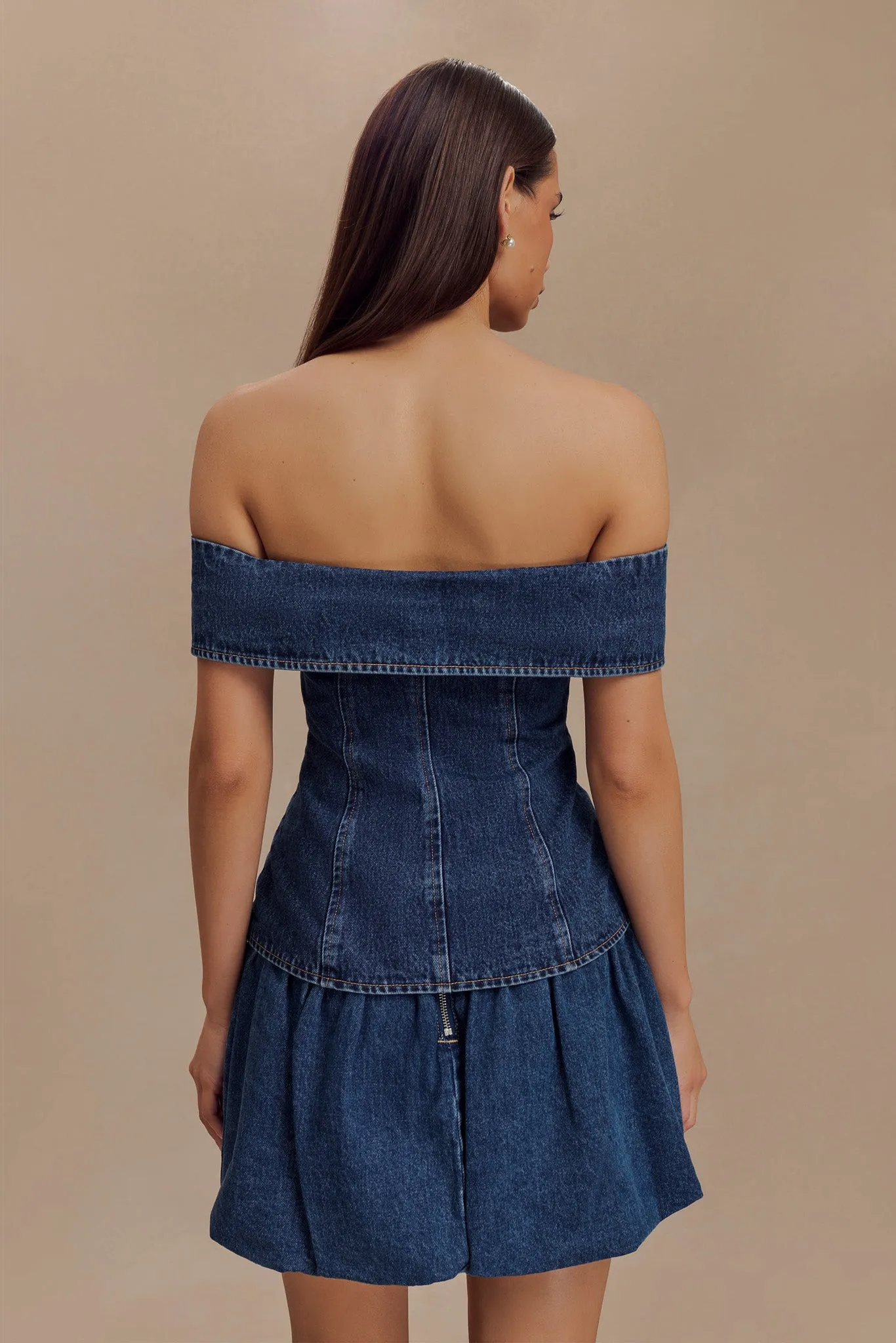 Krista Denim Off Shoulder Top - Dark Blue Circular Knit Technology