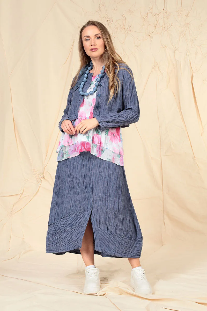 Sturdy Waistband Crinkled Blue Nova Silk Skirt