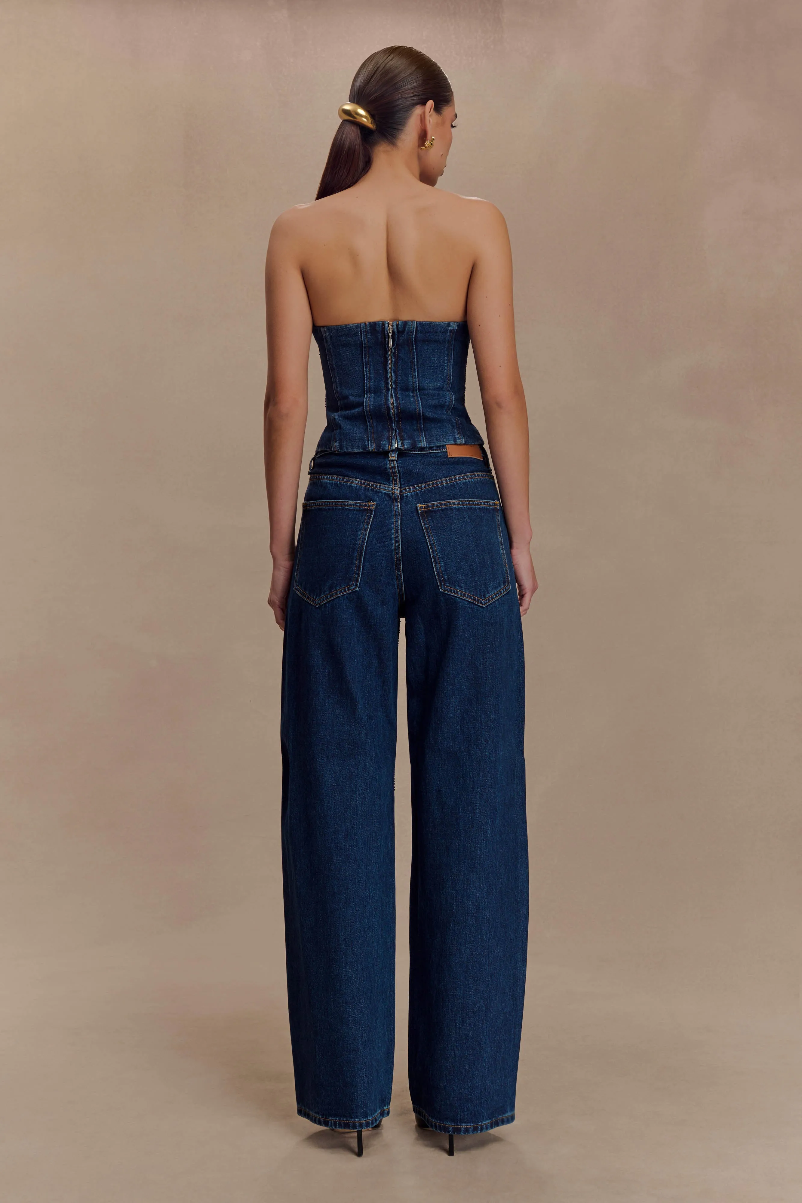 Laina Mid Rise Diamante Denim Jeans - Midnight Blue Ripstop Reinforcement