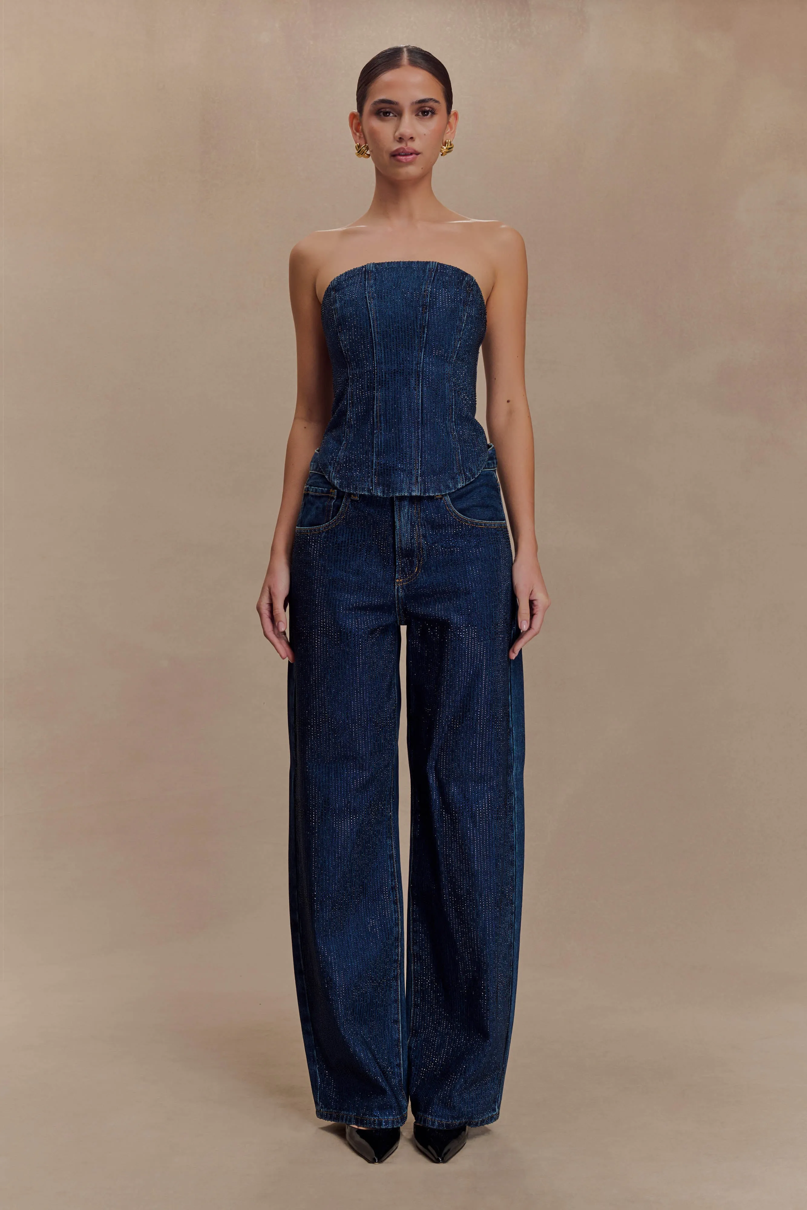 Quick-Dry Material Sleek Comfort Laina Mid Rise Diamante Denim Jeans - Midnight Blue