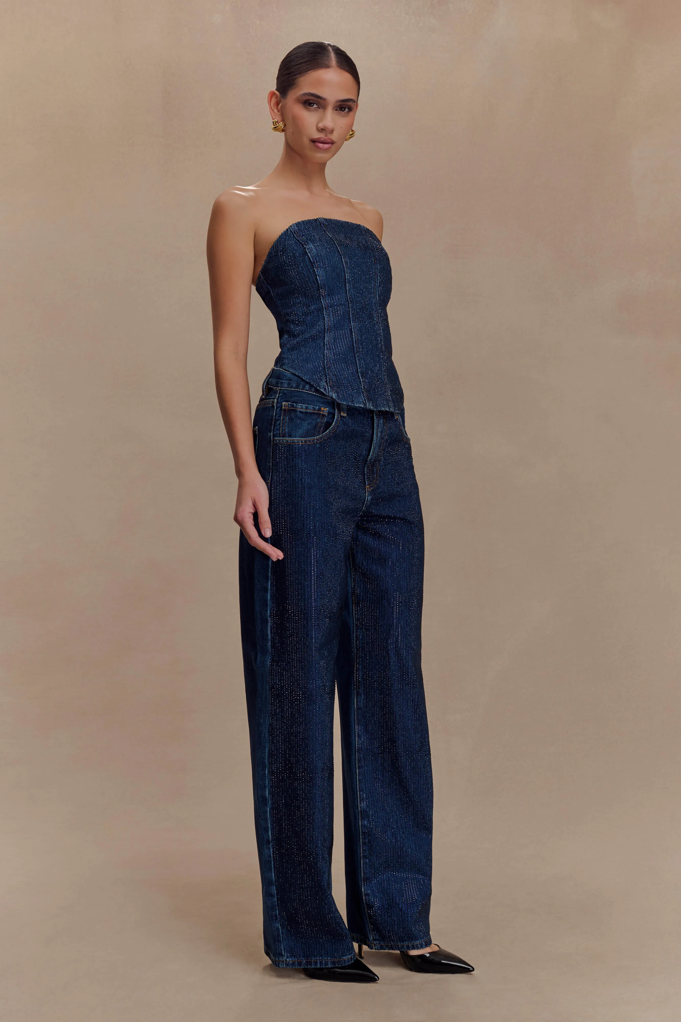 Relaxed Vibe Light Stretch Laina Mid Rise Diamante Denim Jeans - Midnight Blue