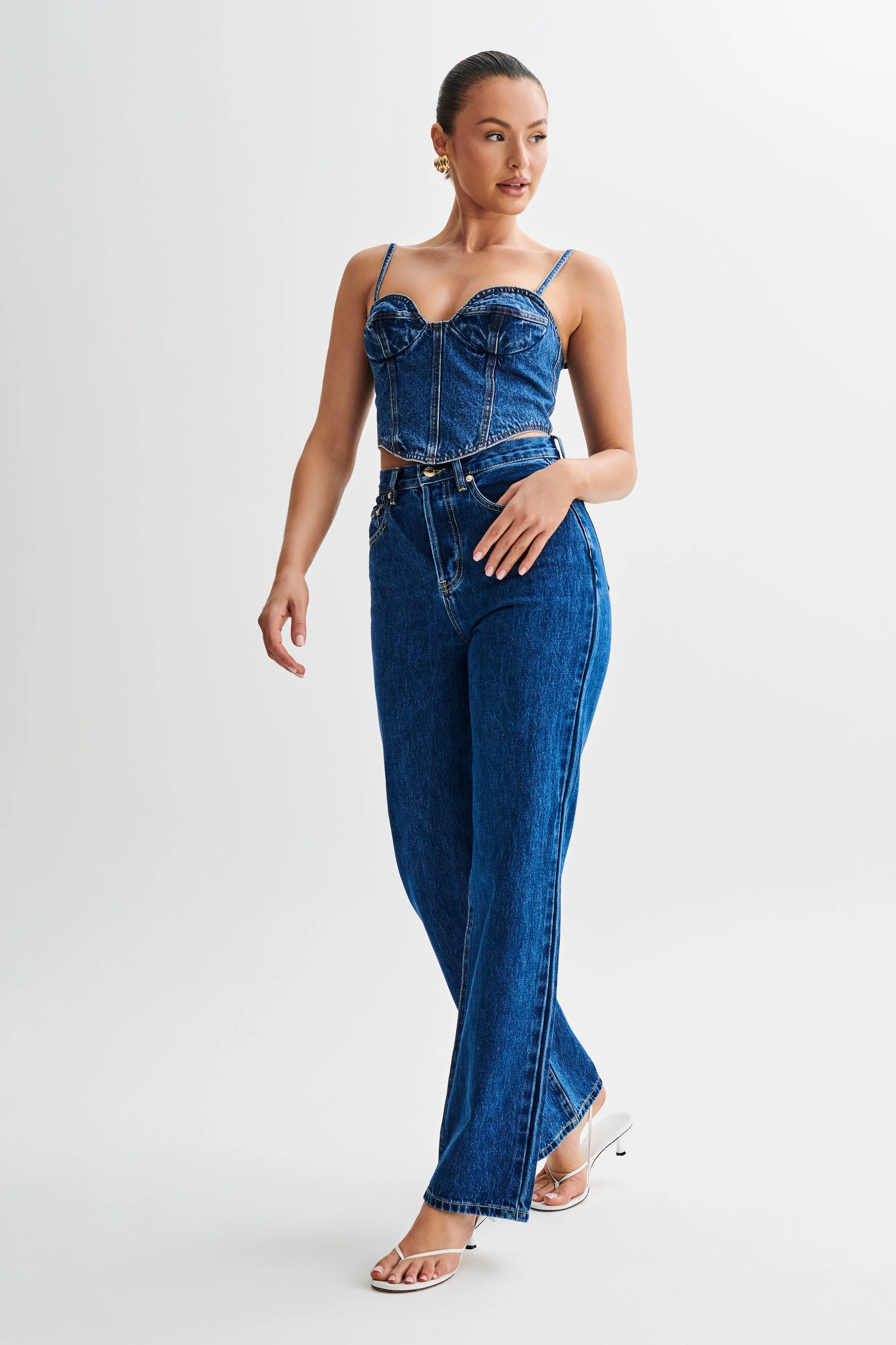 FrictionResistant Fabric Noise Reducing Fabric Treatment Lana Denim Cupped Corset Top - Dark Blue