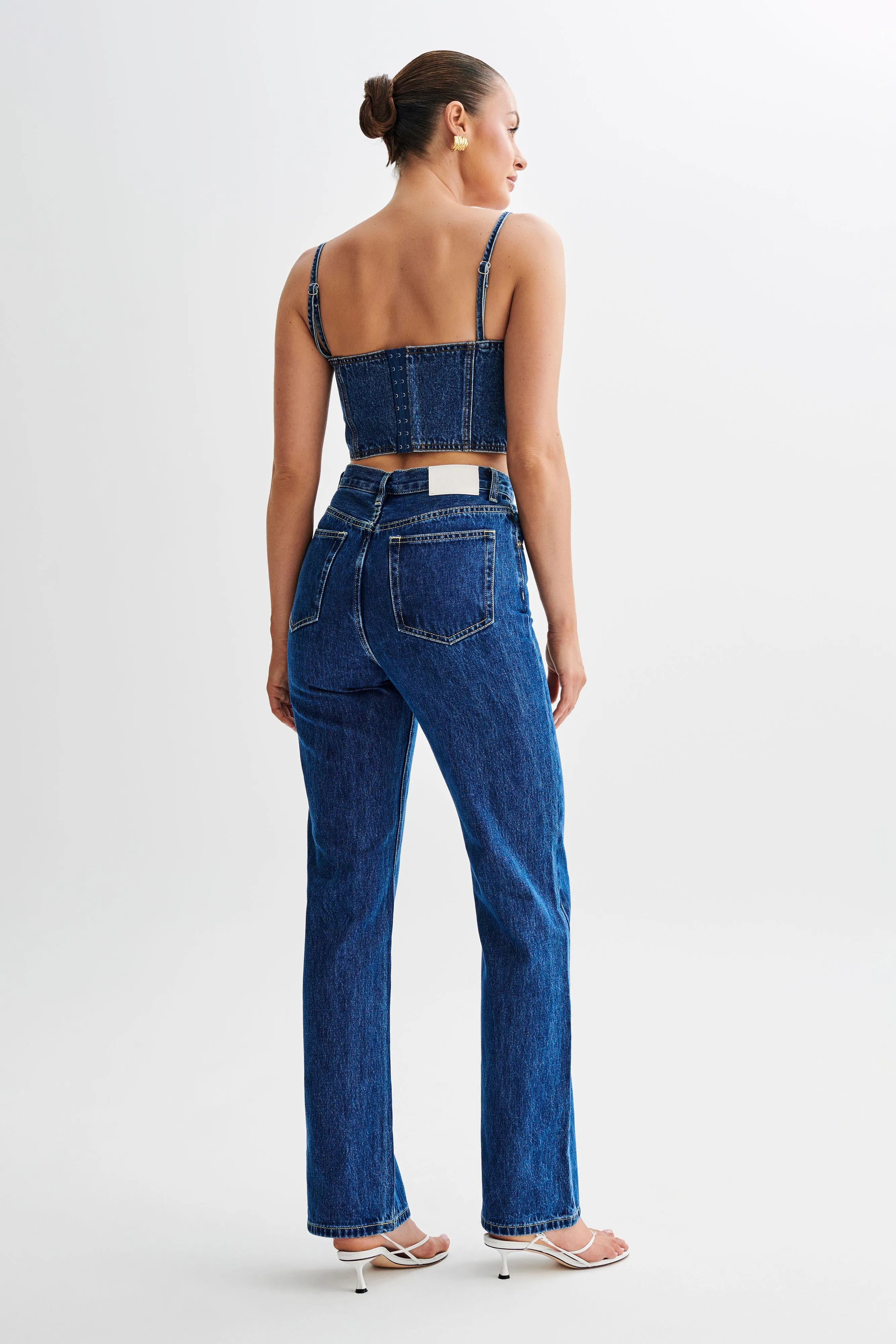 FlatlockSeamTechnique DoubleLayeredCollar Lana Denim Cupped Corset Top - Dark Blue