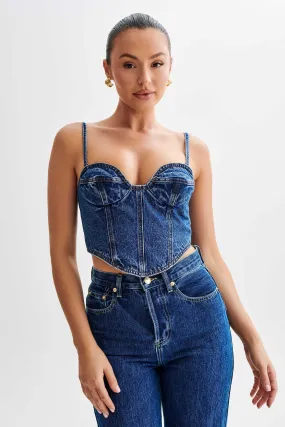 Lana Denim Cupped Corset Top - Dark Blue StretchMaterial GarmentWashed Texture