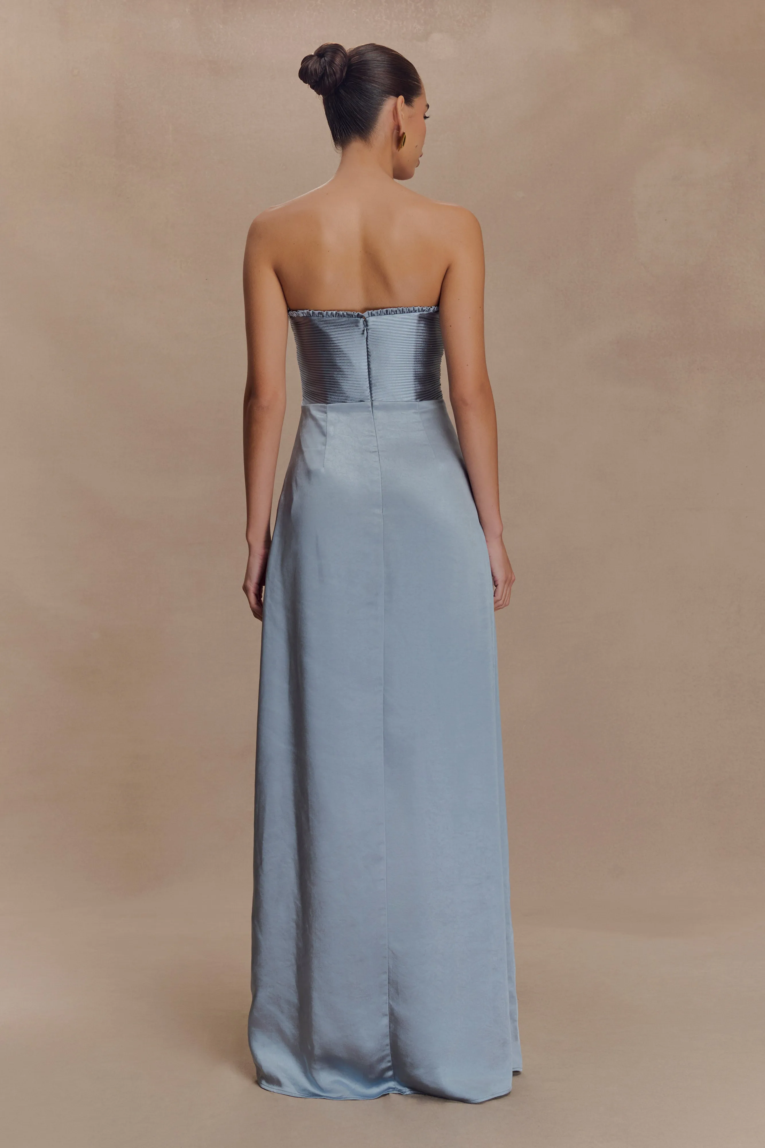 Luxe Touch Larissa Satin Maxi Dress With Ruched Petals - Frosted Blue