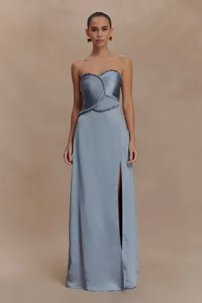 Larissa Satin Maxi Dress With Ruched Petals - Frosted Blue Bright-colored piece