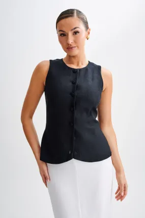 Laurence Sleeveless Linen Longline Top - Black QuickRelease StretchFabric
