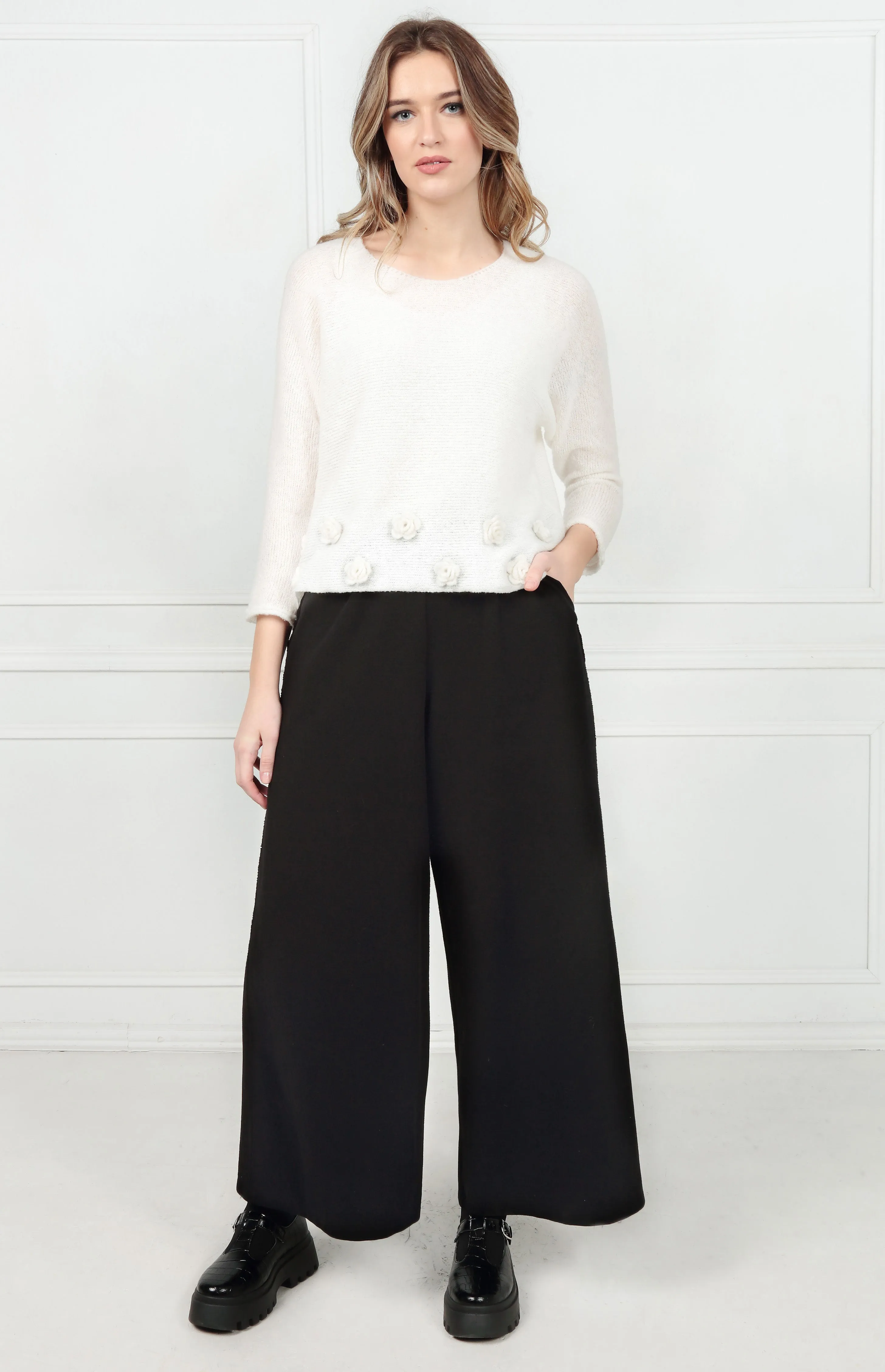 Air Flow Wide Leg Black Cotton Jersey Trousers