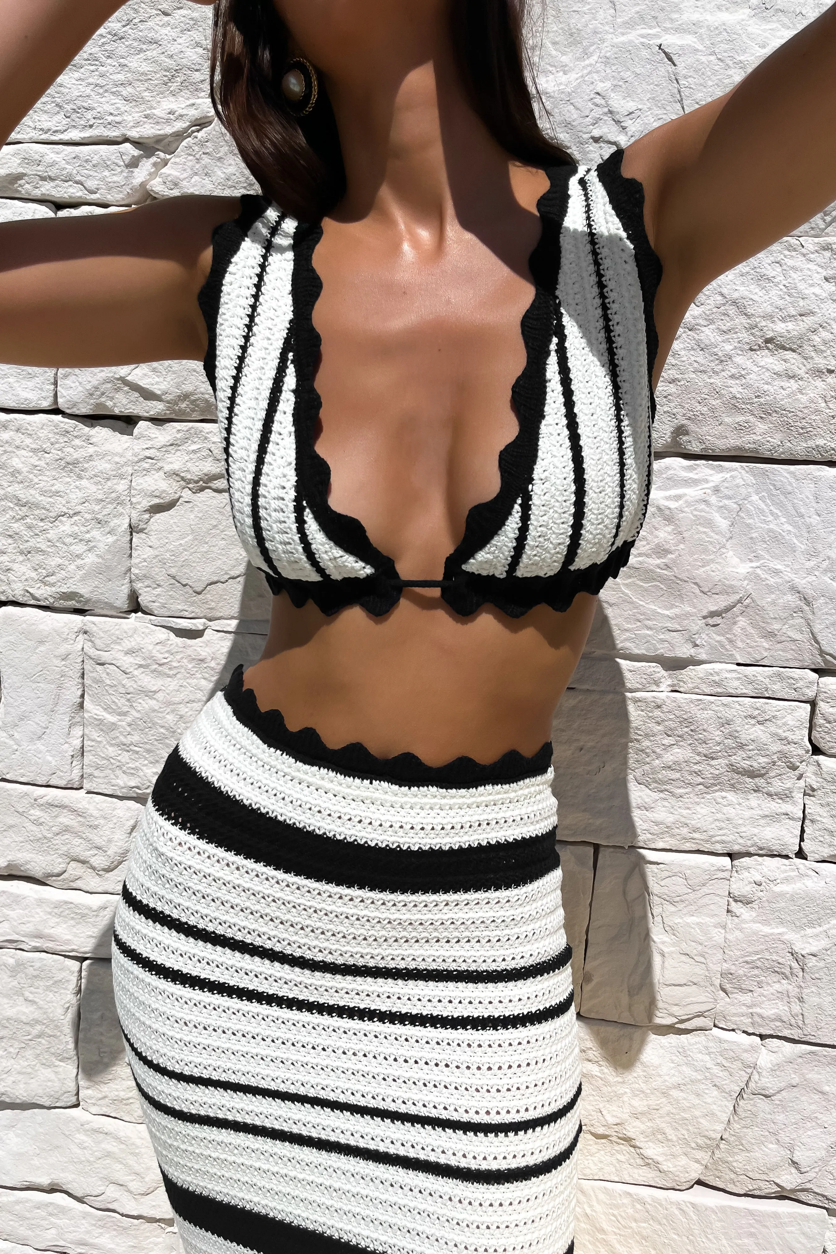 Layered Sleeve HighNeck Jadia Contrast Crochet Bralette - Black/White