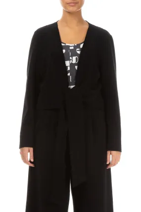 Short Tie Front Black Cotton Jersey Jacket MultiPocketStyle