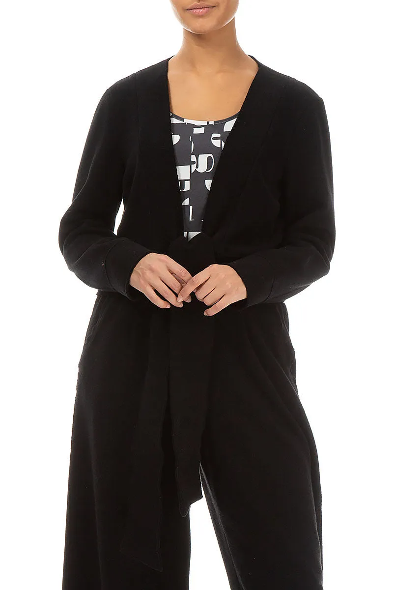 Elasticized Edging Short Tie Front Black Cotton Jersey Jacket