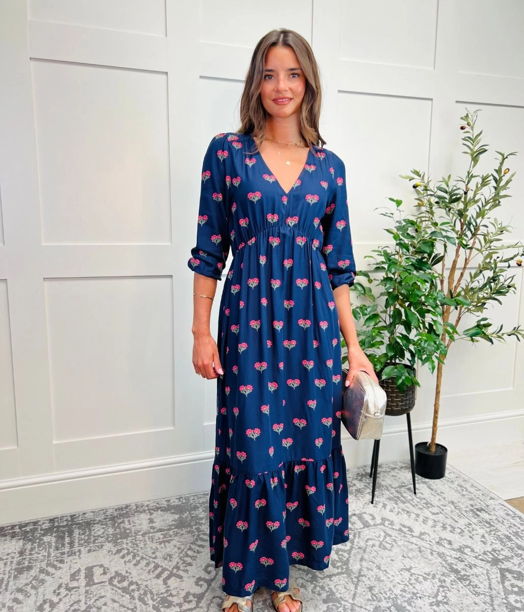 Navy Sienna Floral Midi Dress Satin Grace