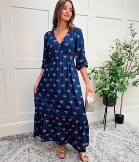 Navy Sienna Floral Midi Dress Sleek Layer Formal Aura