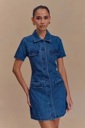 Leighton Denim Button Down Mini Dress - Dark Blue Adjustable Straps