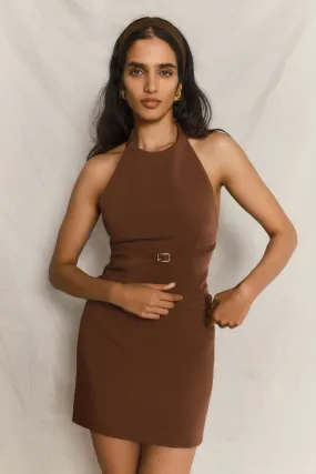 LaserCutVents EcoFriendlyTexture Letitia Suiting Halter Top With Buckle - Wood