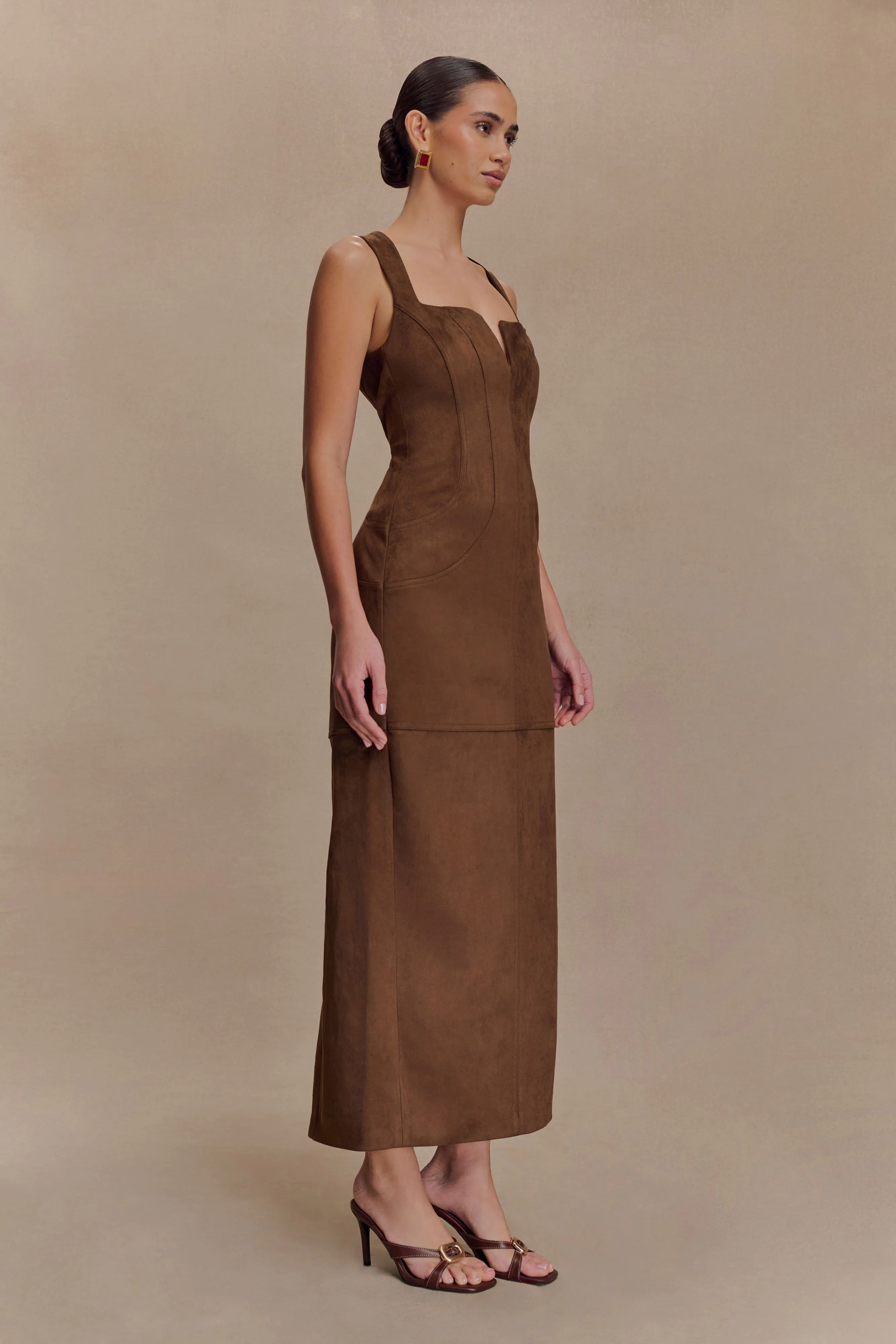 Liam Faux Suede Maxi Dress - Dark Chocolate Pop Texture Work Ease