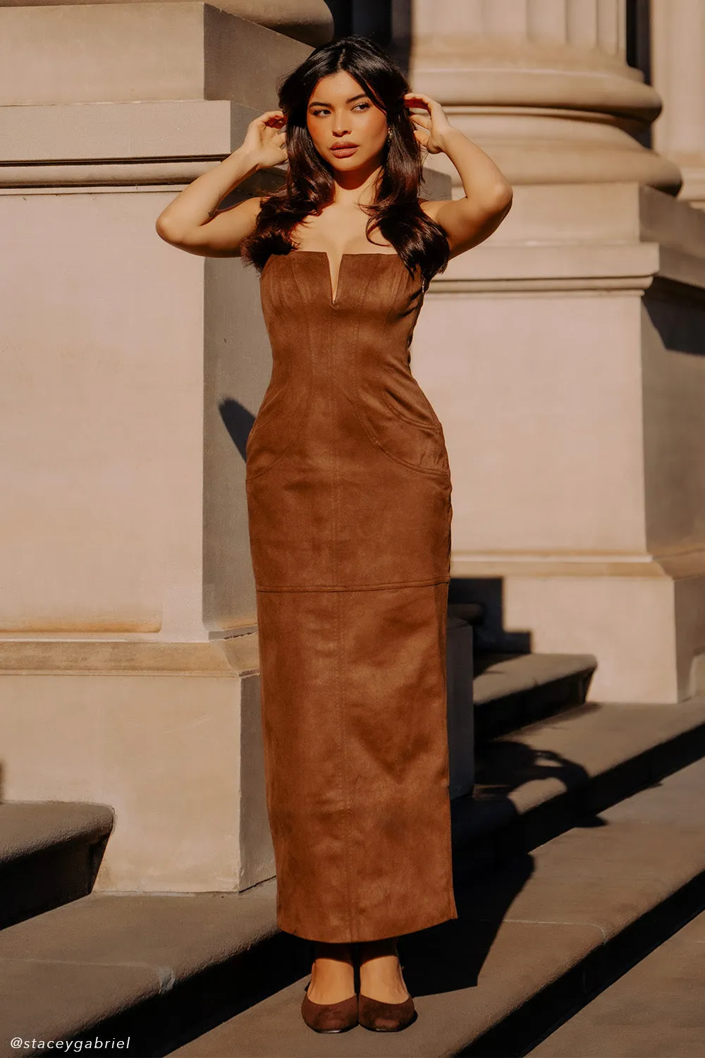 Casual Feel Stylish Vibe Liam Faux Suede Maxi Dress - Dark Chocolate