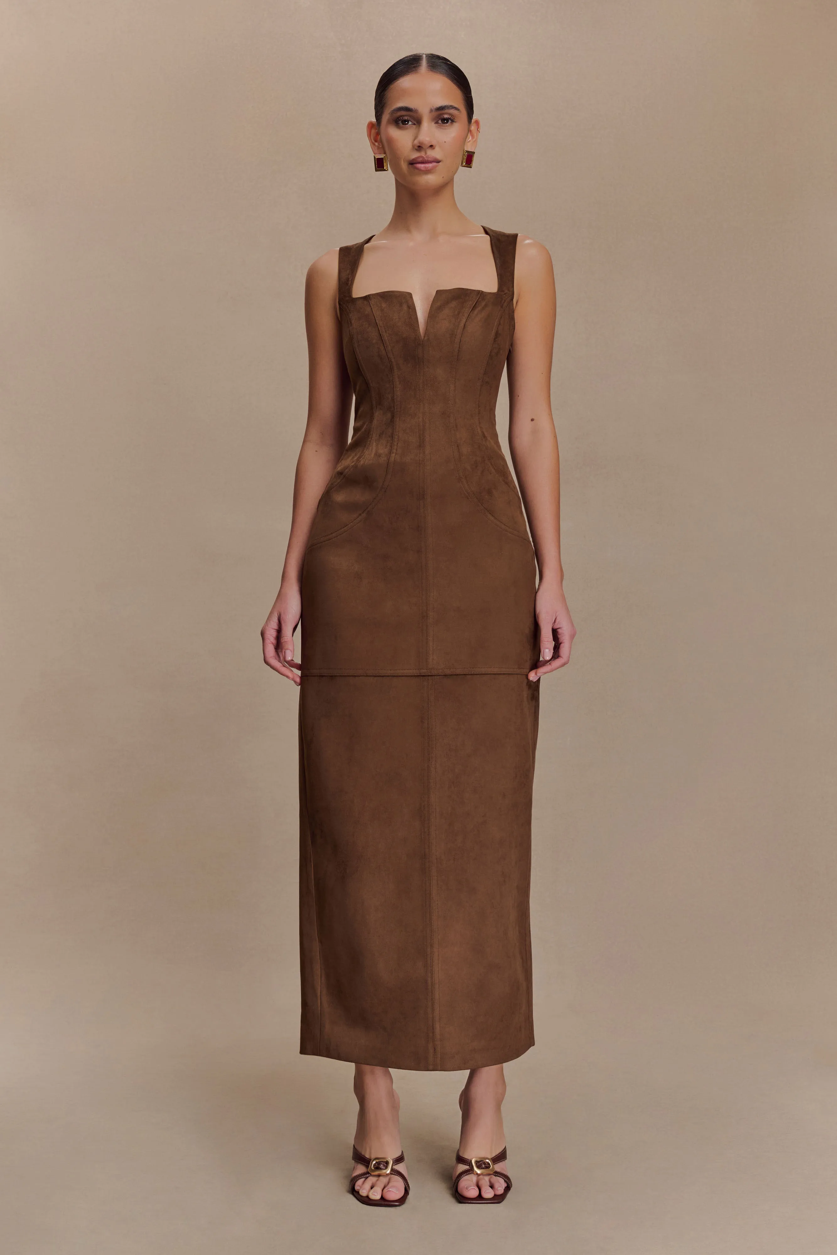 Pleated-Skirt Sunset Look Liam Faux Suede Maxi Dress - Dark Chocolate