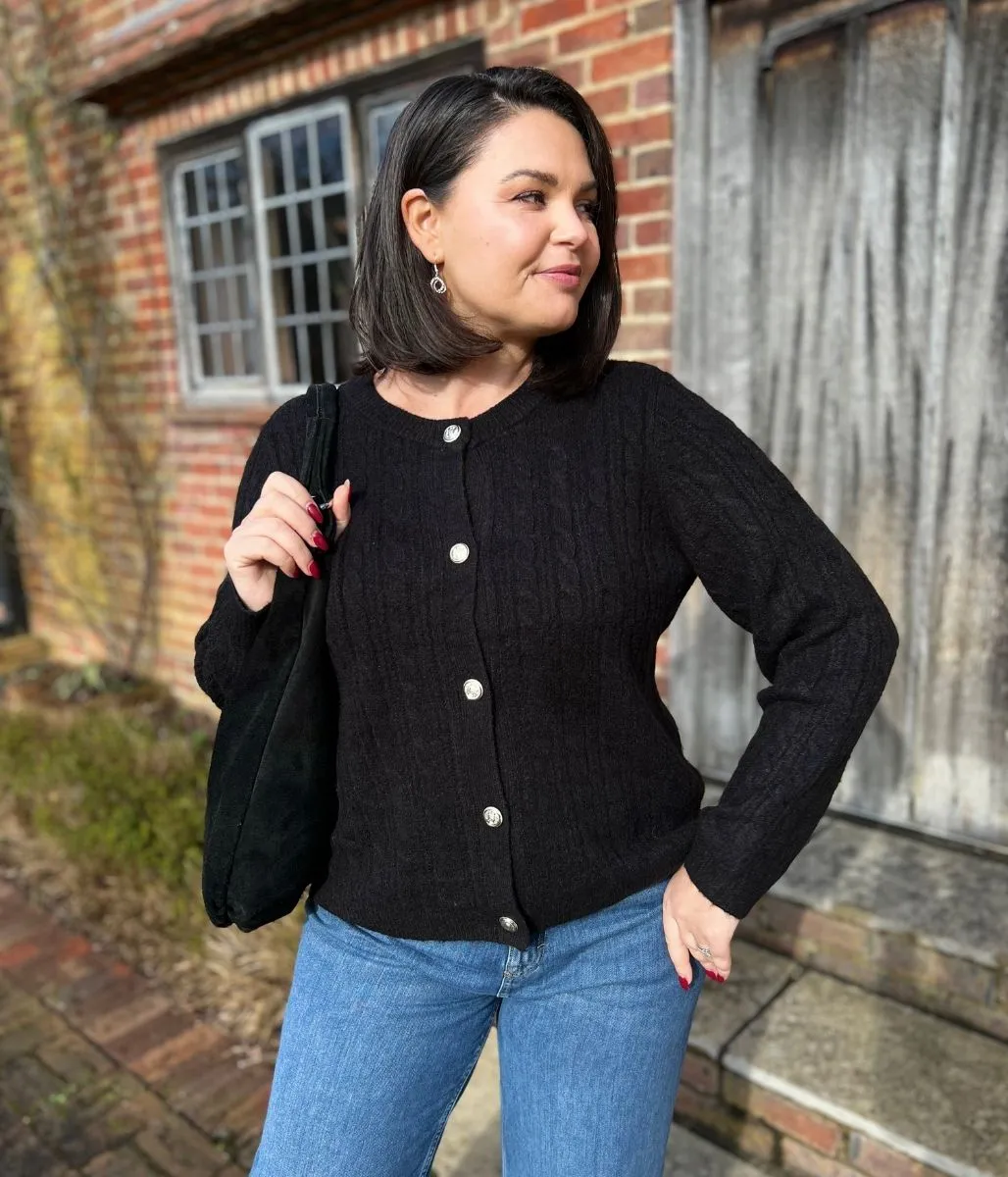 Black Cable Knit Classic Cardigan Cozy Stretch Casual Chic Knit