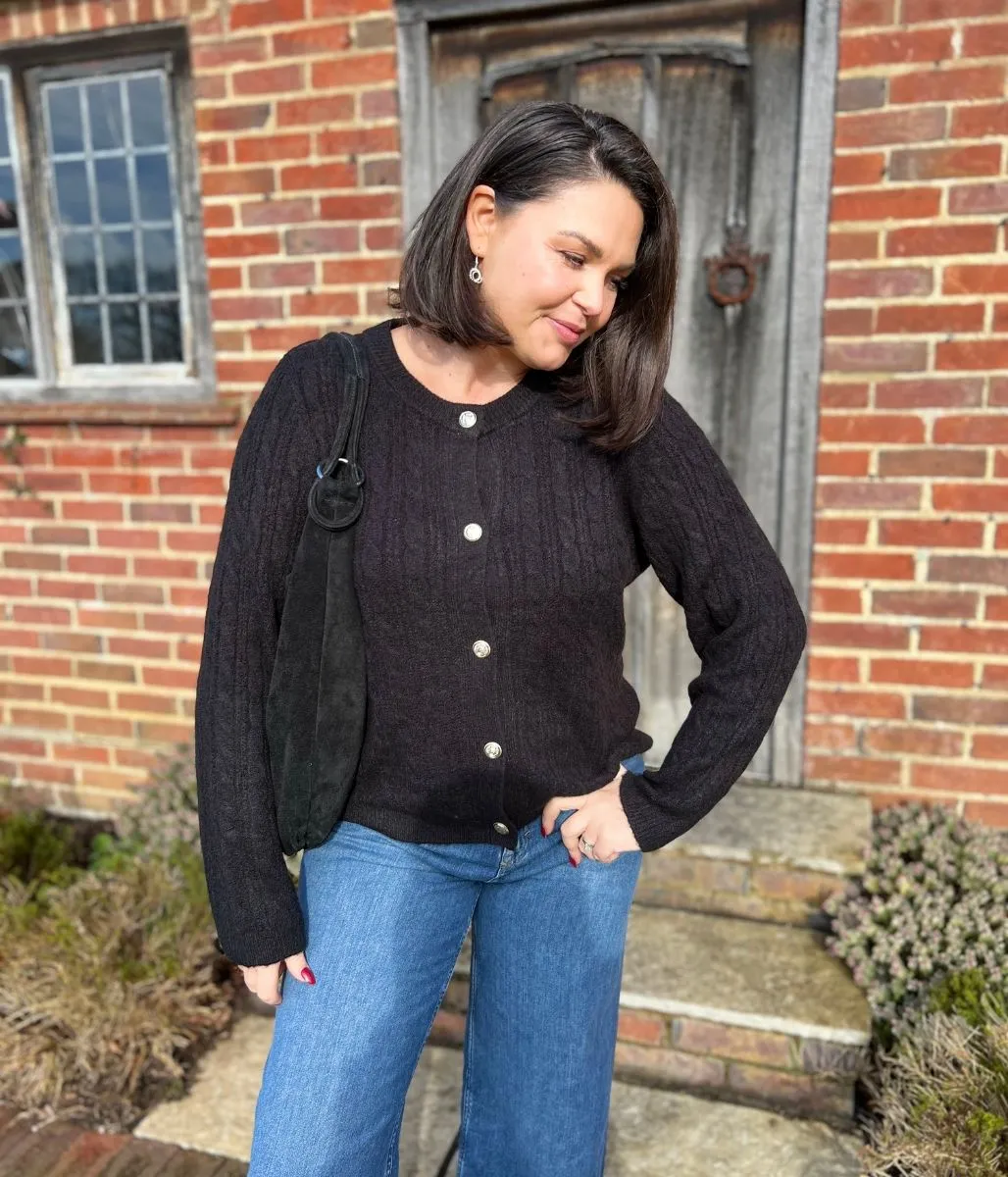 Black Cable Knit Classic Cardigan Relaxed Comfort Wear