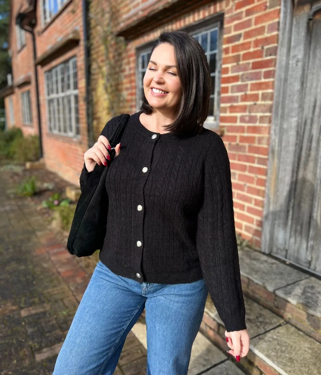 Black Cable Knit Classic Cardigan relaxed shape Anti Pilling Treatment