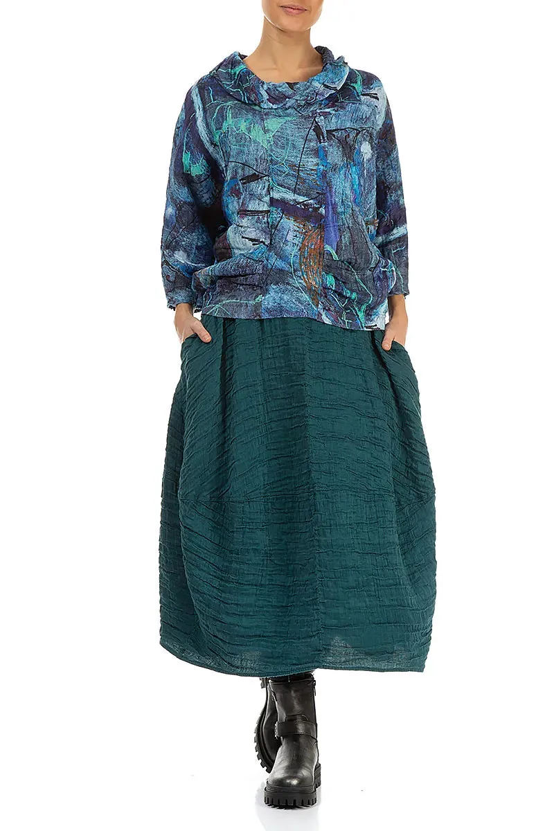 Bold Finish Relaxed Look Balloon Shape Crinkled Peacock Silk Linen Skirt