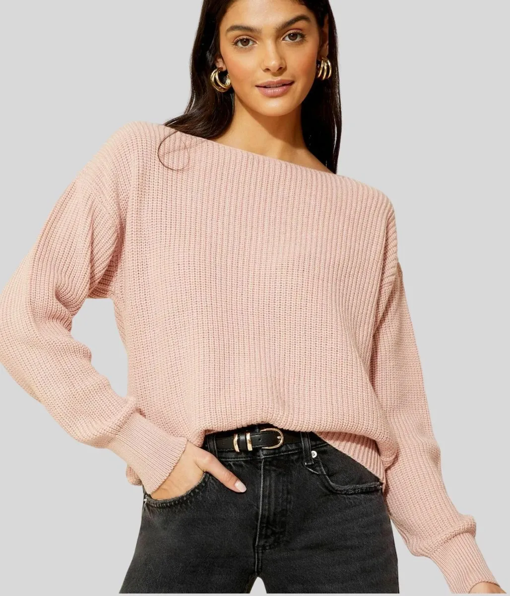 Pale Pink Boat Neck Knitted Jumper Chilly Look Knit Fashion