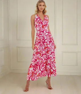 Interchangeable-Detail Pink Floral Halterneck Midaxi Dress