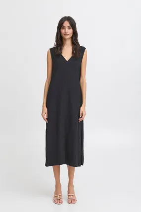 Whimsical Mood Modern Appearance LINEN V-NECK DRESS (BLACK)