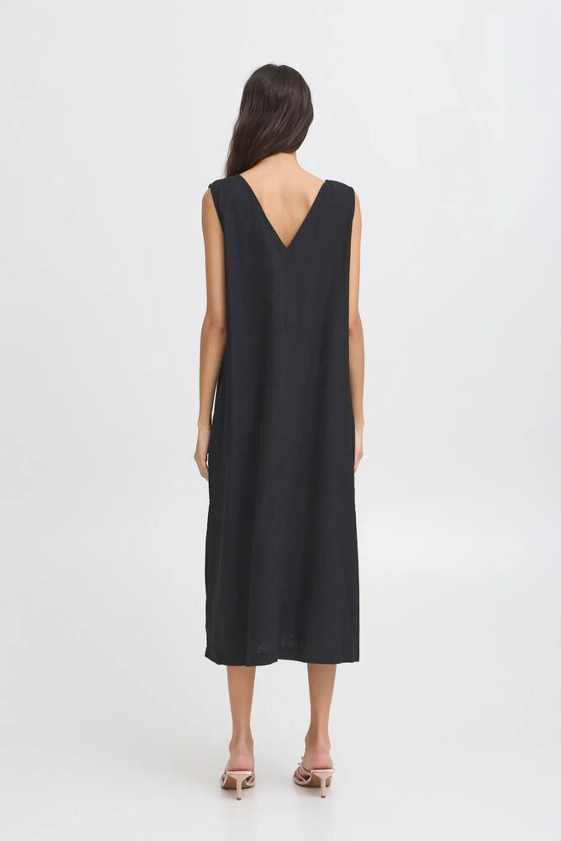 Elegant Fit LINEN V-NECK DRESS (BLACK)
