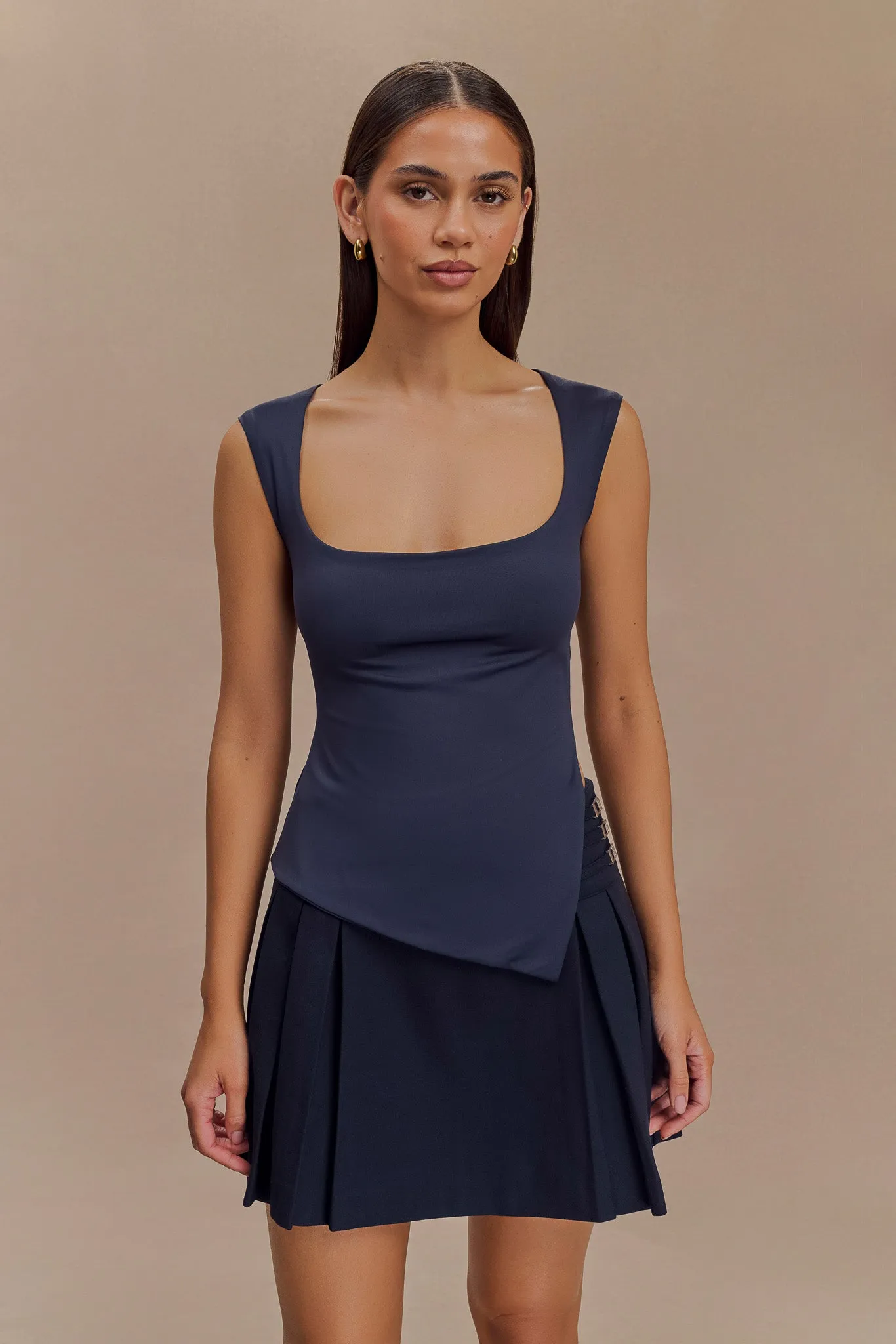 Lisette Asymmetric Recycled Nylon Top - Dark Navy YarnDyeStripe