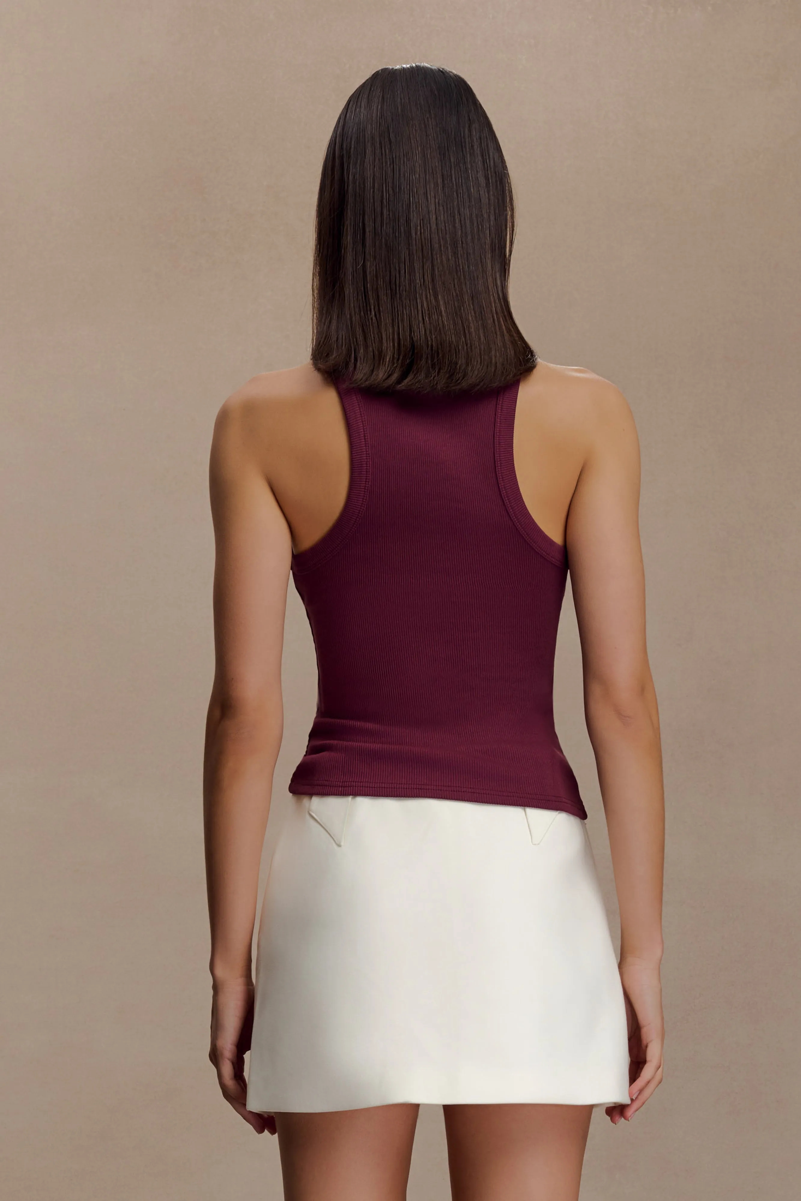Lola Ribbed Sleeveless Top With Hardware - Burgundy LightweightMaterial