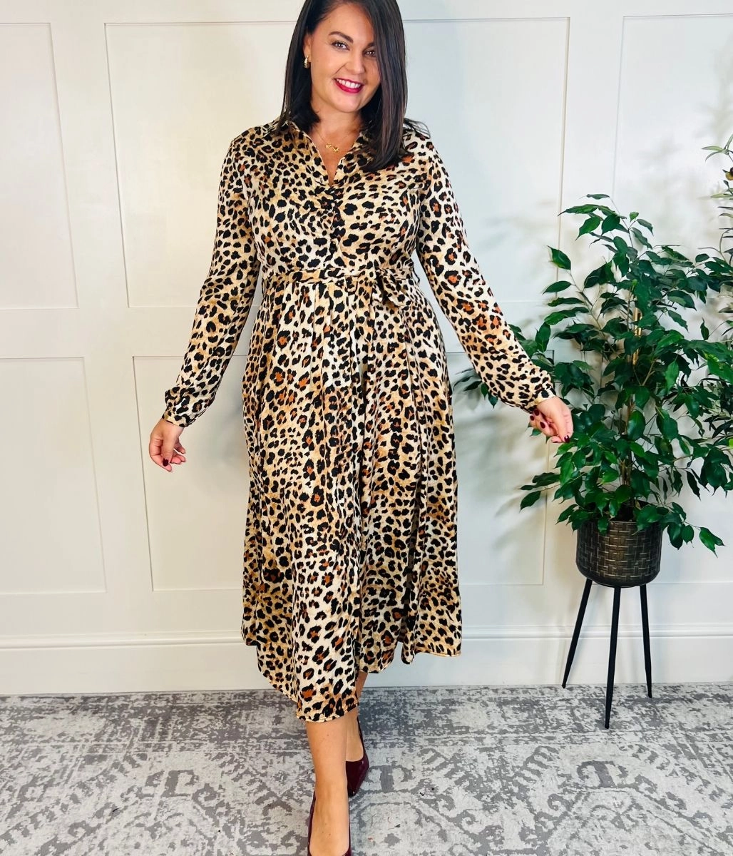 Lola Leopard Print Satin Shirt Dress Minimal Tone