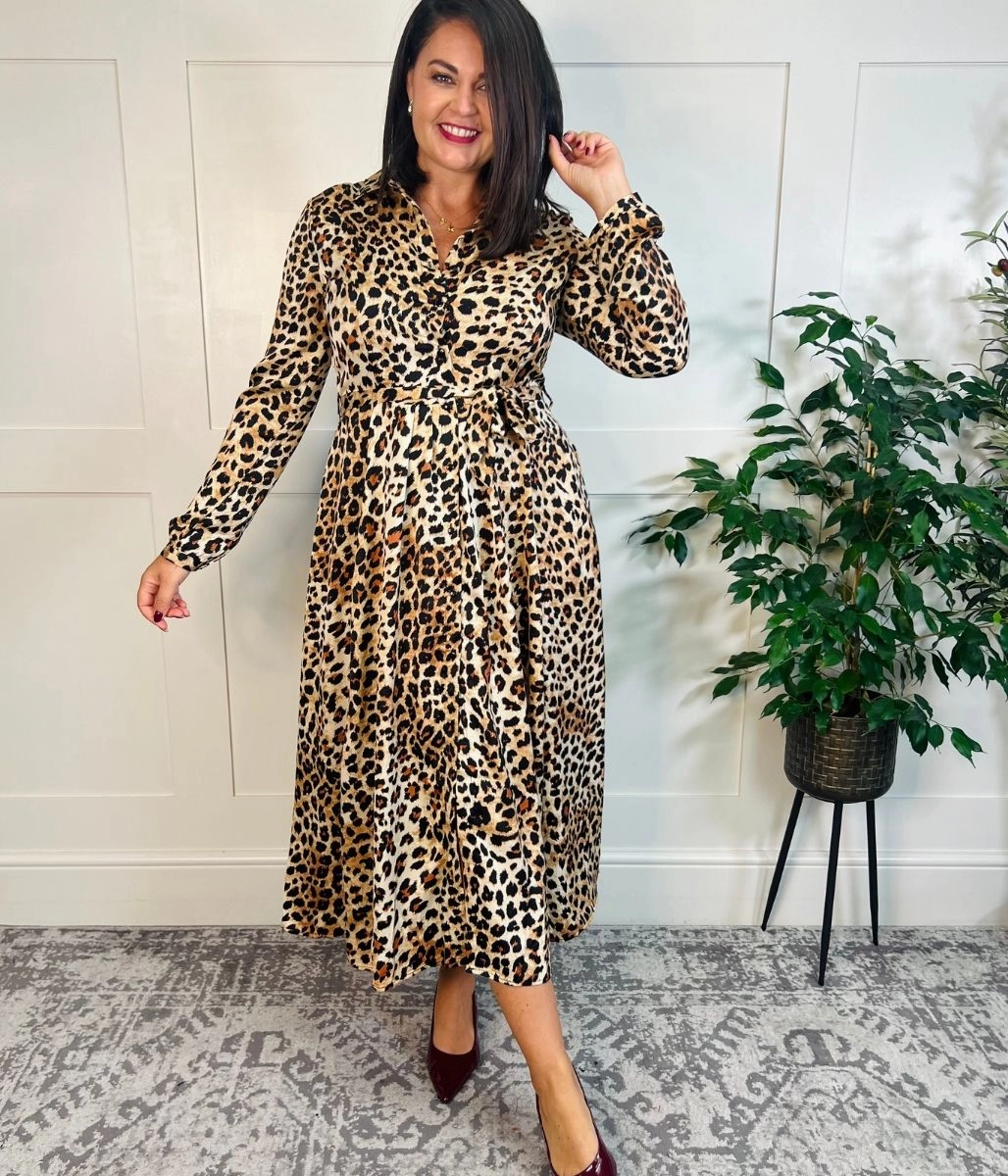 Plus Fit Soft Tone Lola Leopard Print Satin Shirt Dress