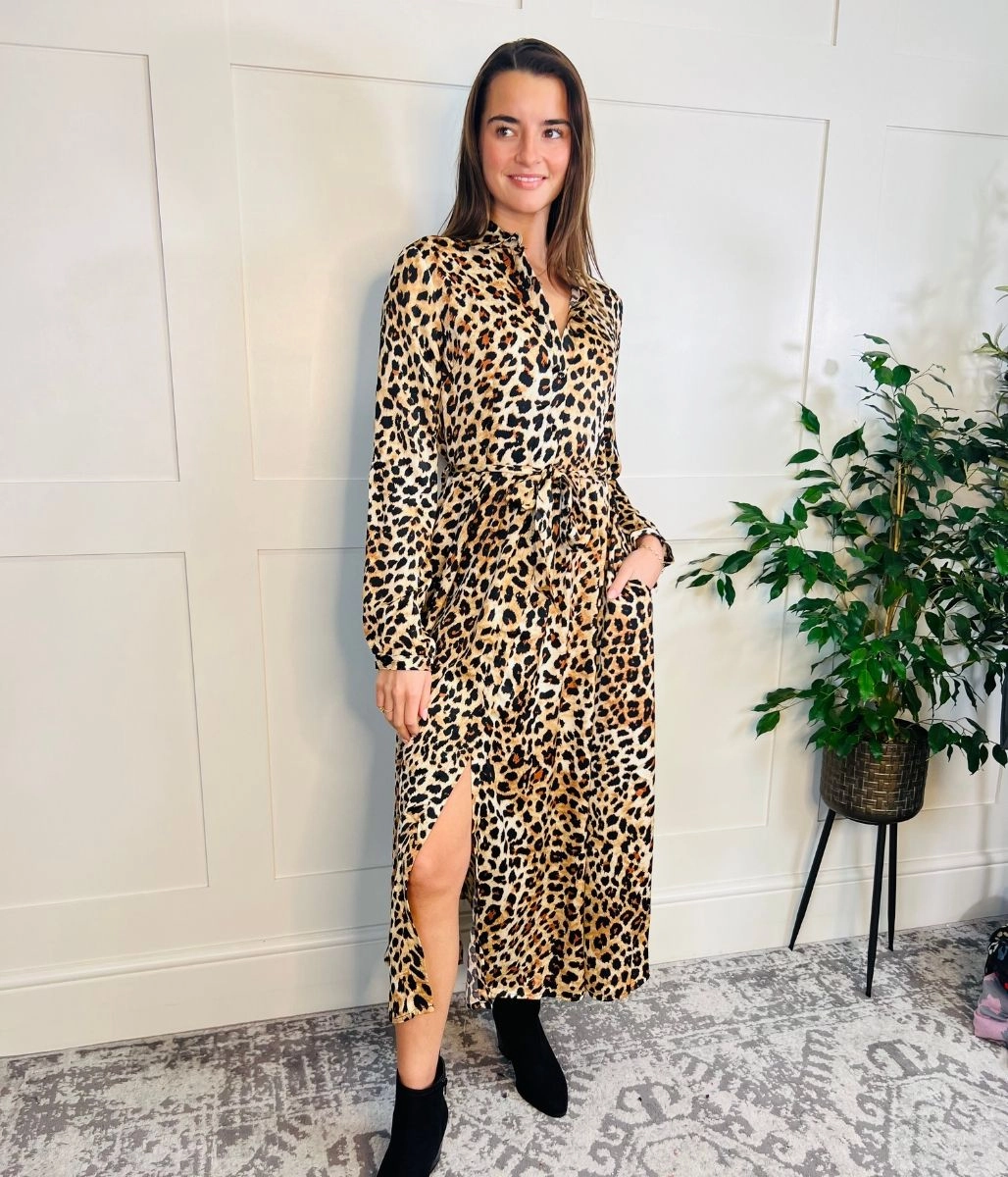 Festive Mood Balanced Shape Lola Leopard Print Satin Shirt Dress
