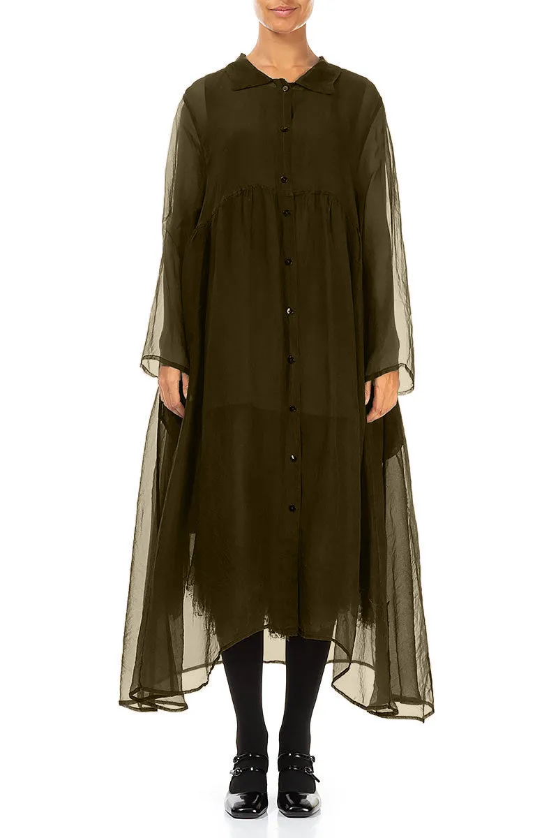 Long Forest Mist Silk Chiffon Jacket RubberizedTrim SoftInnerLayer