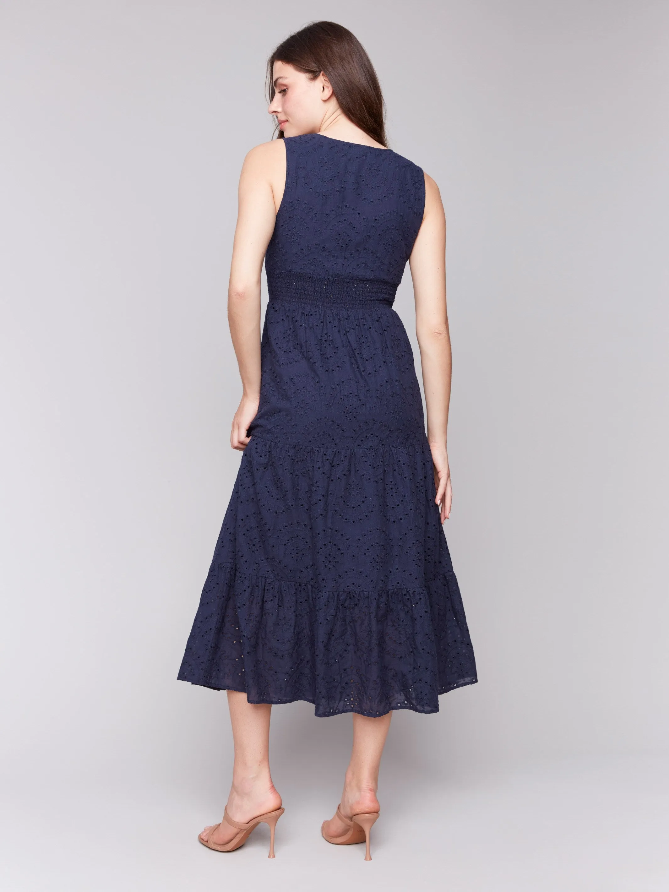 Long Sleeveless Cotton Eyelet Dress - Navy Flowy summer gown