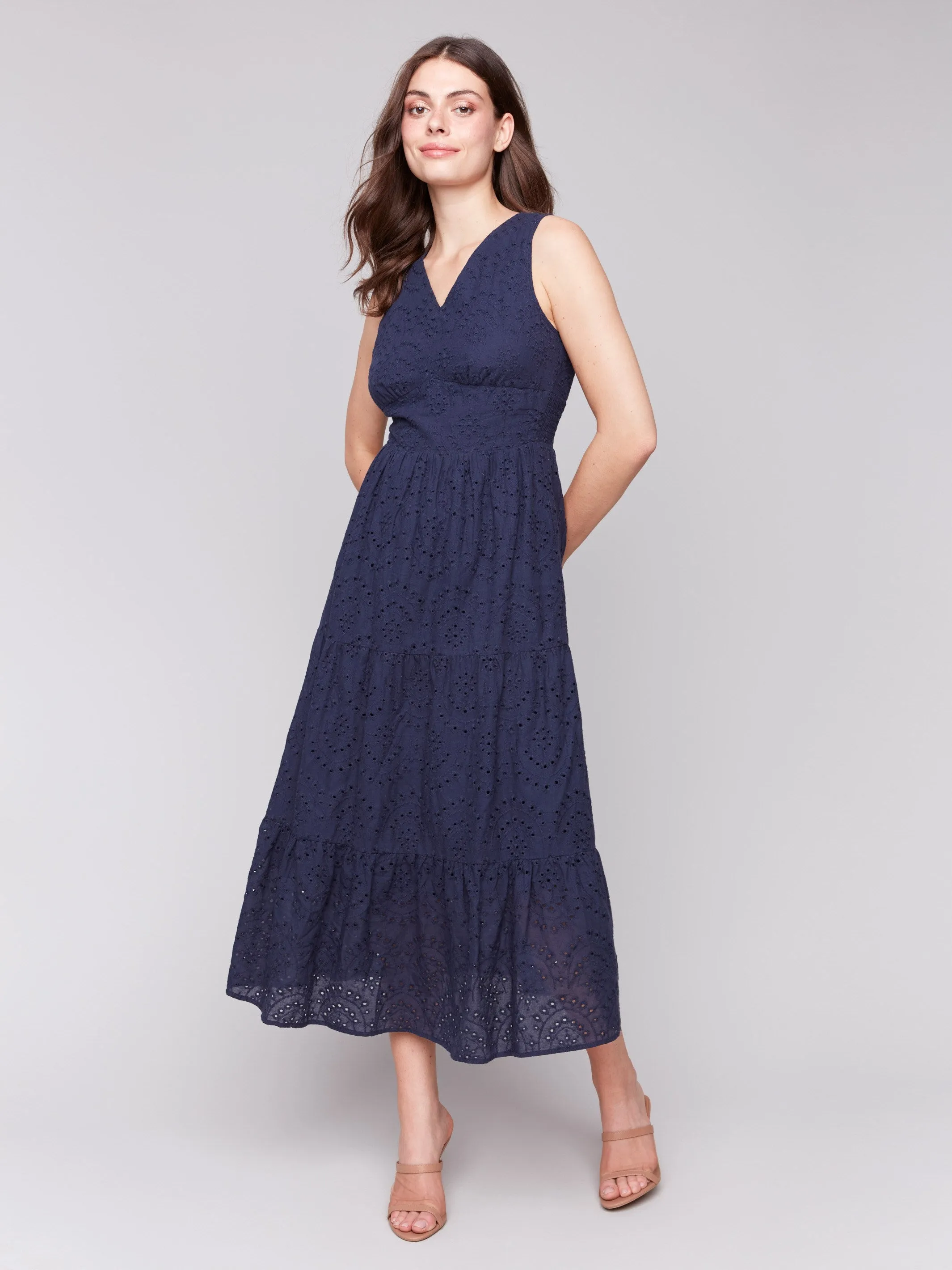 Long Sleeveless Cotton Eyelet Dress - Navy Satin-Finish