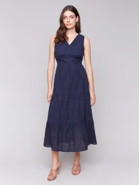 Coffee Break Long Sleeveless Cotton Eyelet Dress - Navy