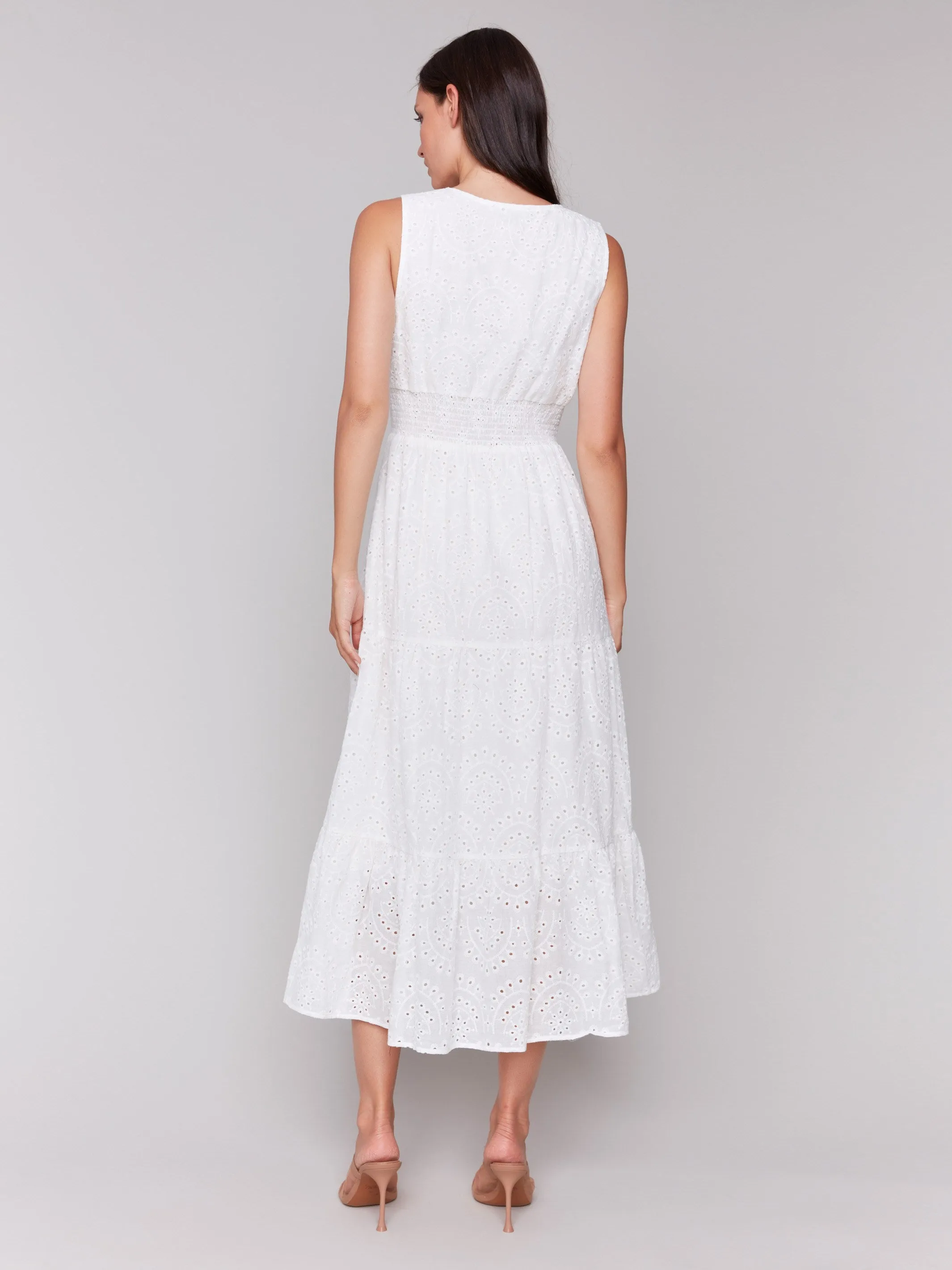 Relax Motion Solid-color Long Sleeveless Cotton Eyelet Dress - White