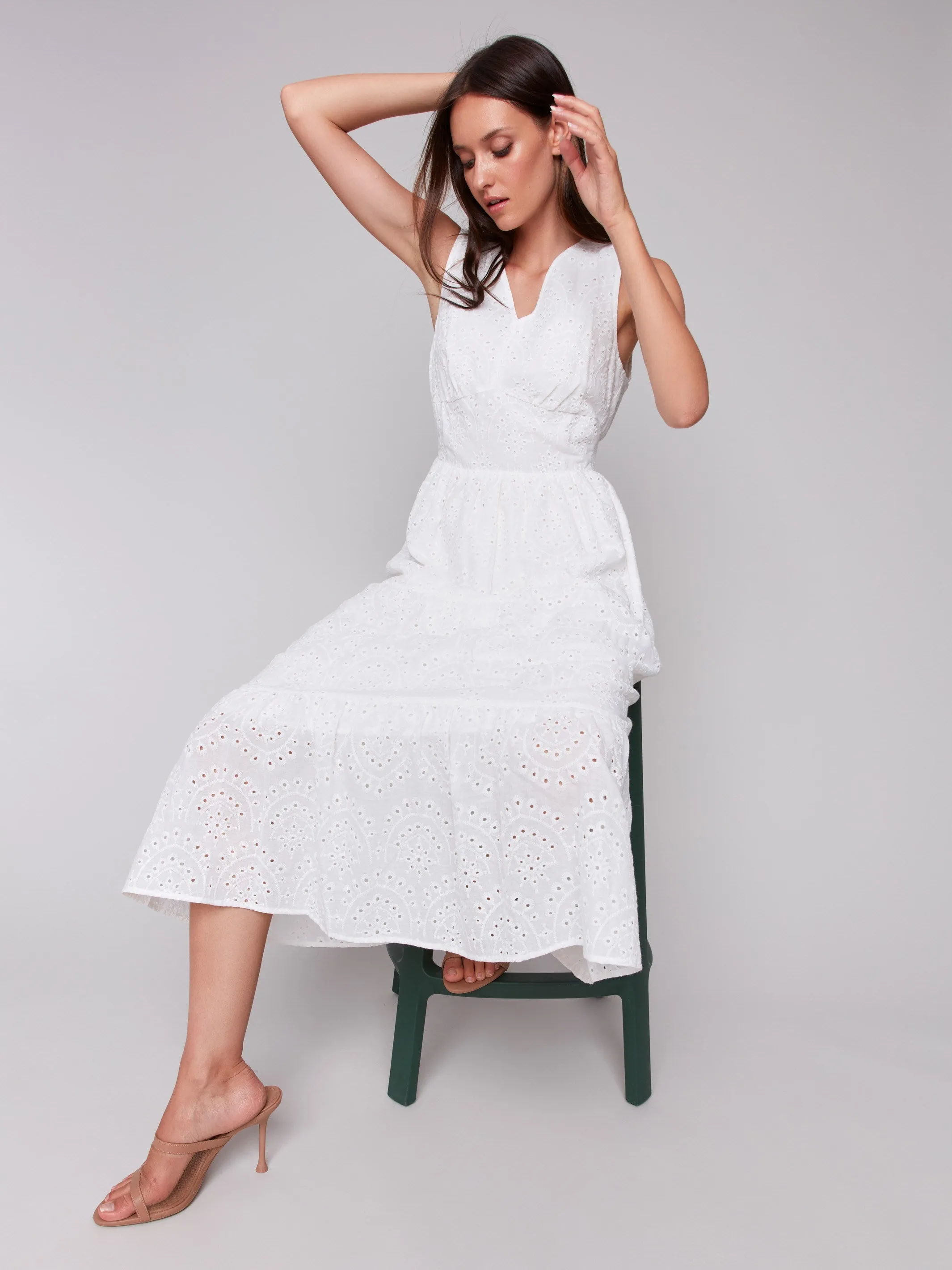Silky Mood Long Sleeveless Cotton Eyelet Dress - White