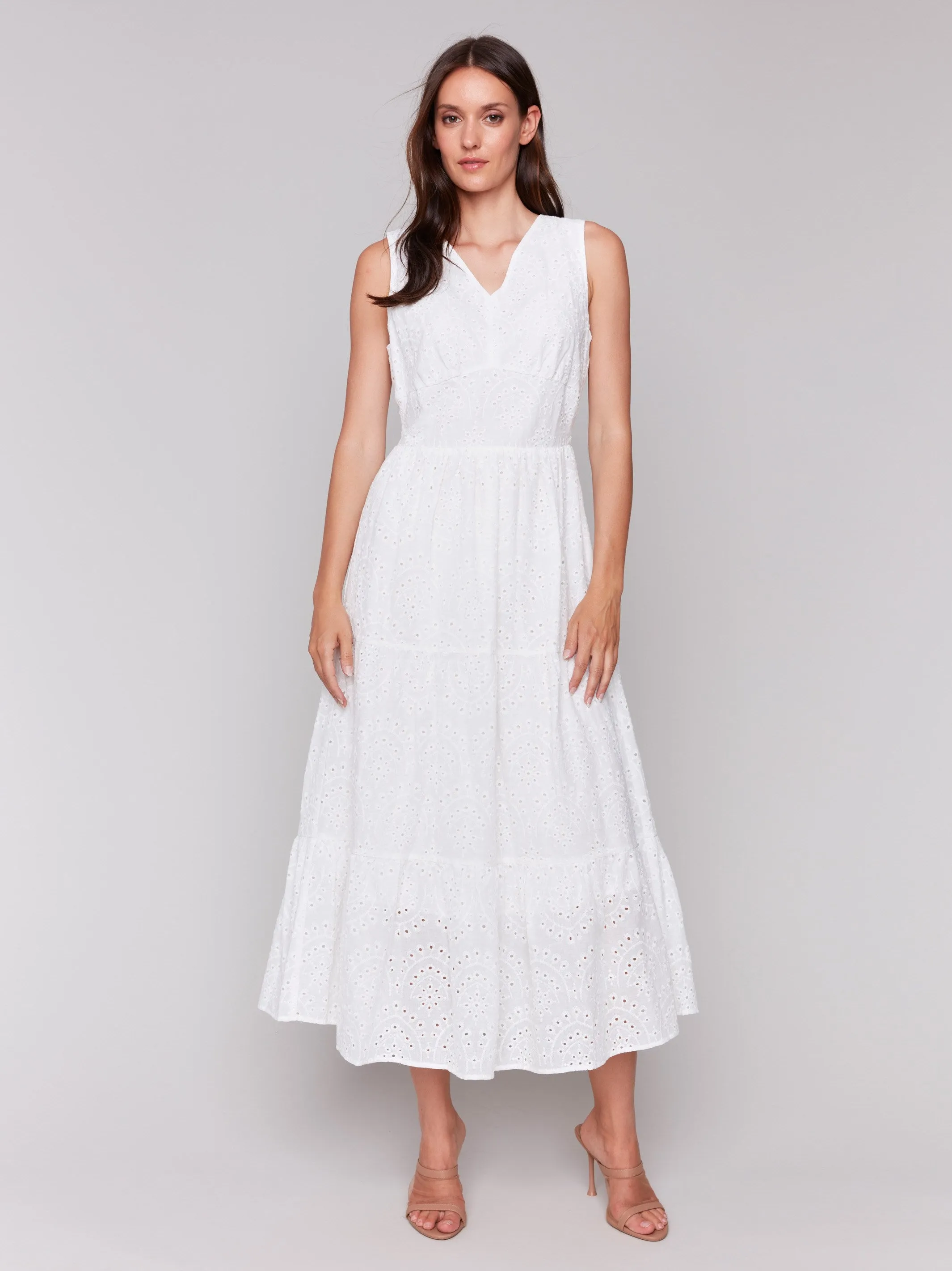 Long Sleeveless Cotton Eyelet Dress - White Silk Shine Fall Layer
