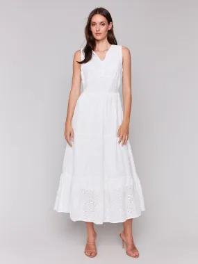 Long Sleeveless Cotton Eyelet Dress - White Silk Shine Fall Layer